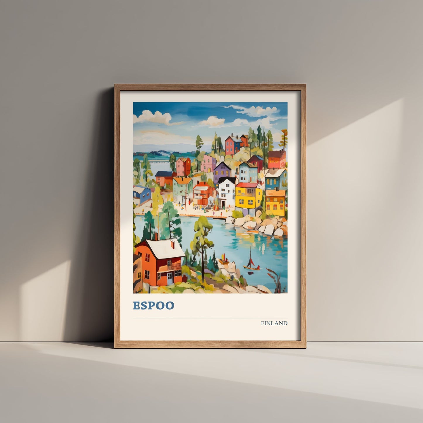 Espoo Finland Travel Poster - Folk Art City Print - Naive Harbour Illustration - Colourful Cityscape 1/3