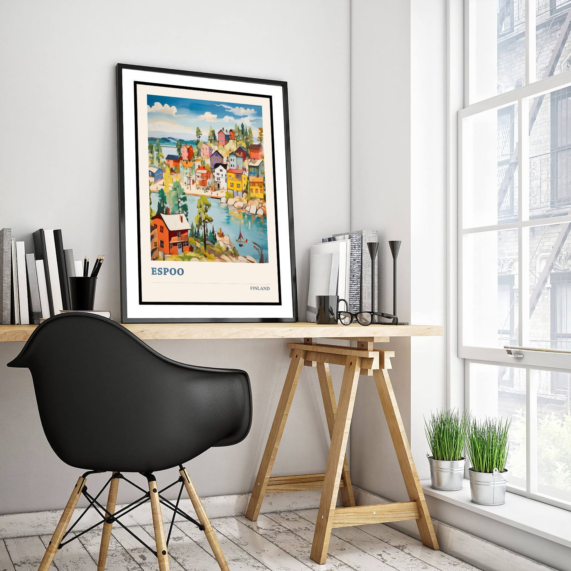 Espoo Finland Travel Poster - Folk Art City Print - Naive Harbour Illustration - Colourful Cityscape 1/3