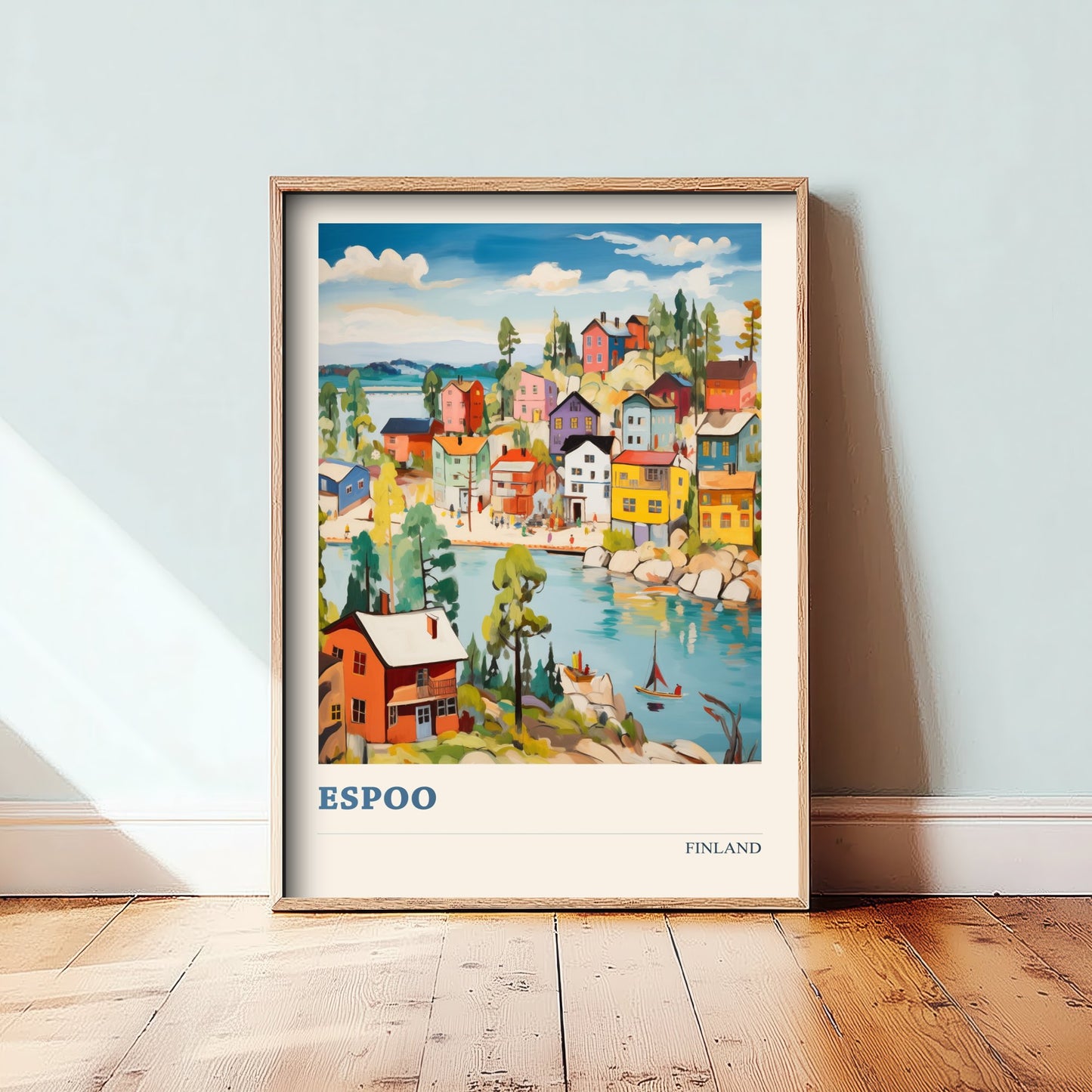 Espoo Finland Travel Poster - Folk Art City Print - Naive Harbour Illustration - Colourful Cityscape 1/3
