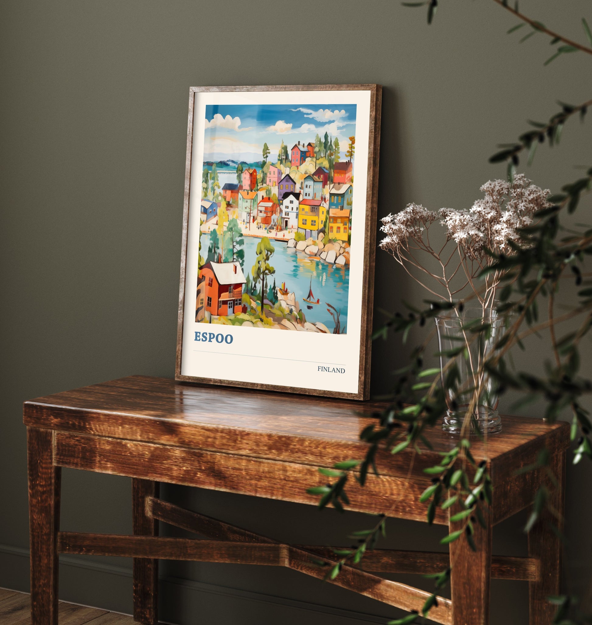 Espoo Finland Travel Poster - Folk Art City Print - Naive Harbour Illustration - Colourful Cityscape 1/3