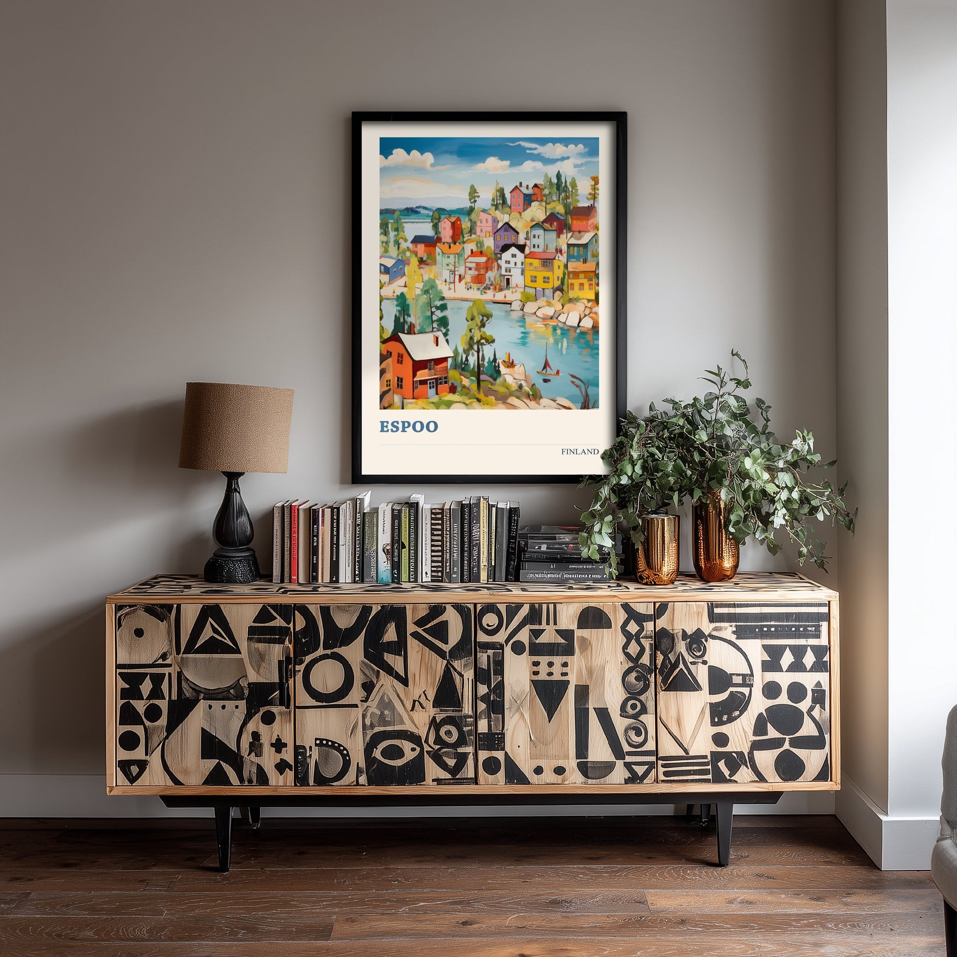 Espoo Finland Travel Poster - Folk Art City Print - Naive Harbour Illustration - Colourful Cityscape 1/3