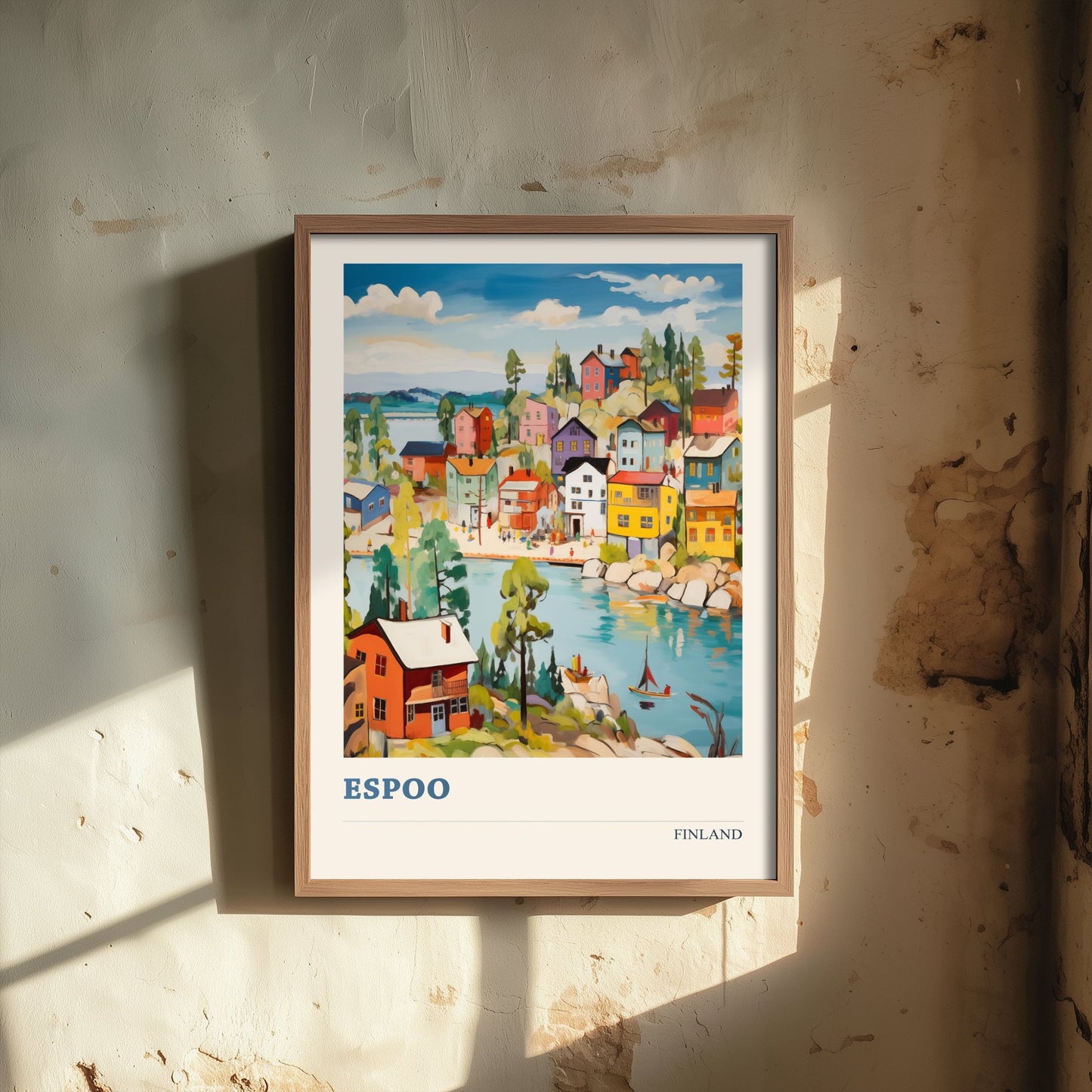 Espoo Finland Travel Poster - Folk Art City Print - Naive Harbour Illustration - Colourful Cityscape 1/3
