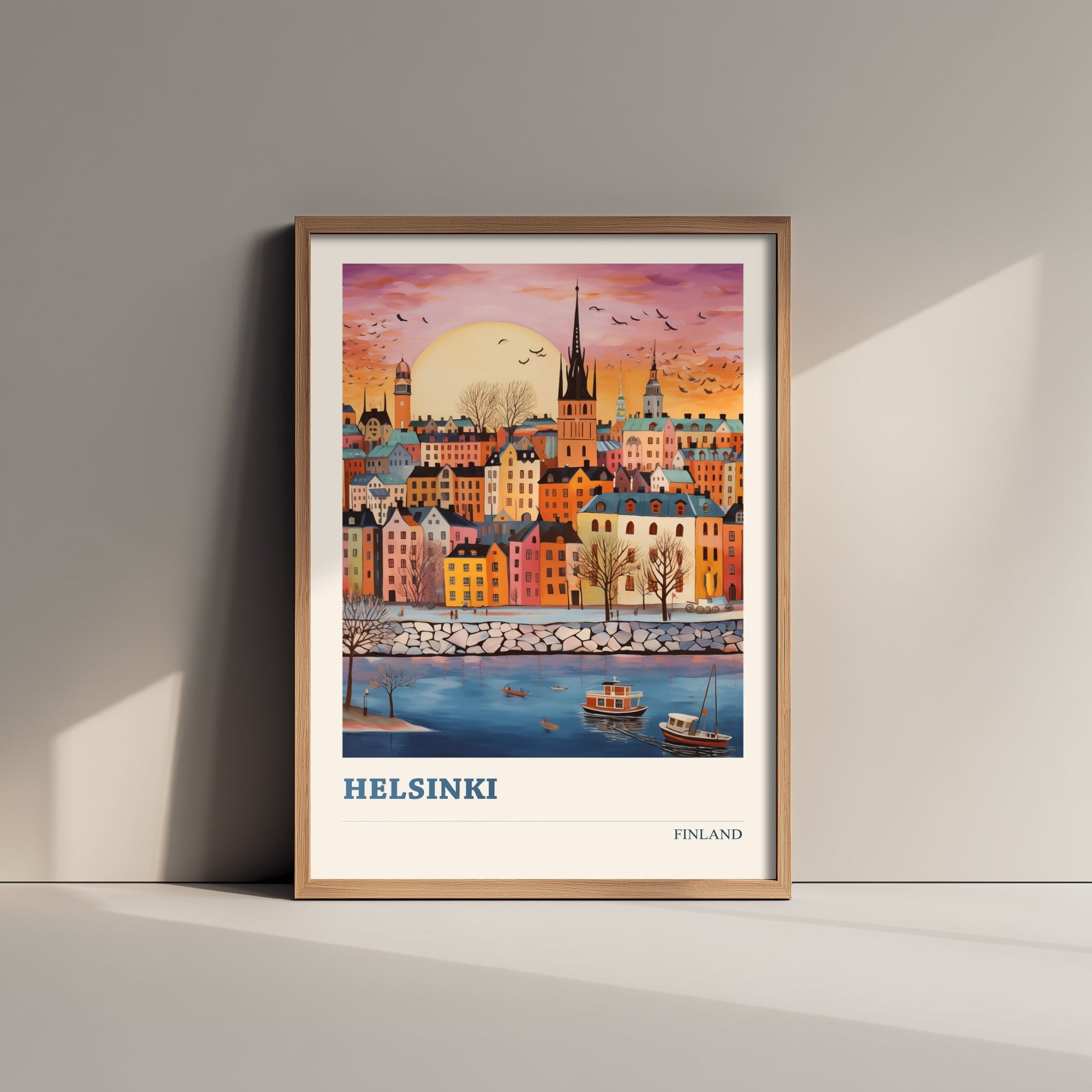 Helsinki Finland Travel Poster - Folk Art City Print - Naive Skyline Illustration - Pastel Harbour Sunset 2/3