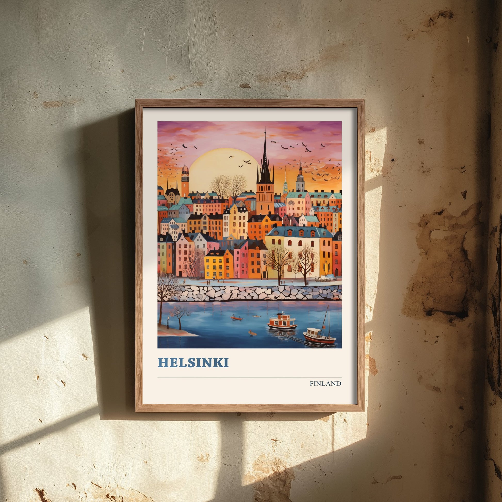 Helsinki Finland Travel Poster - Folk Art City Print - Naive Skyline Illustration - Pastel Harbour Sunset 2/3