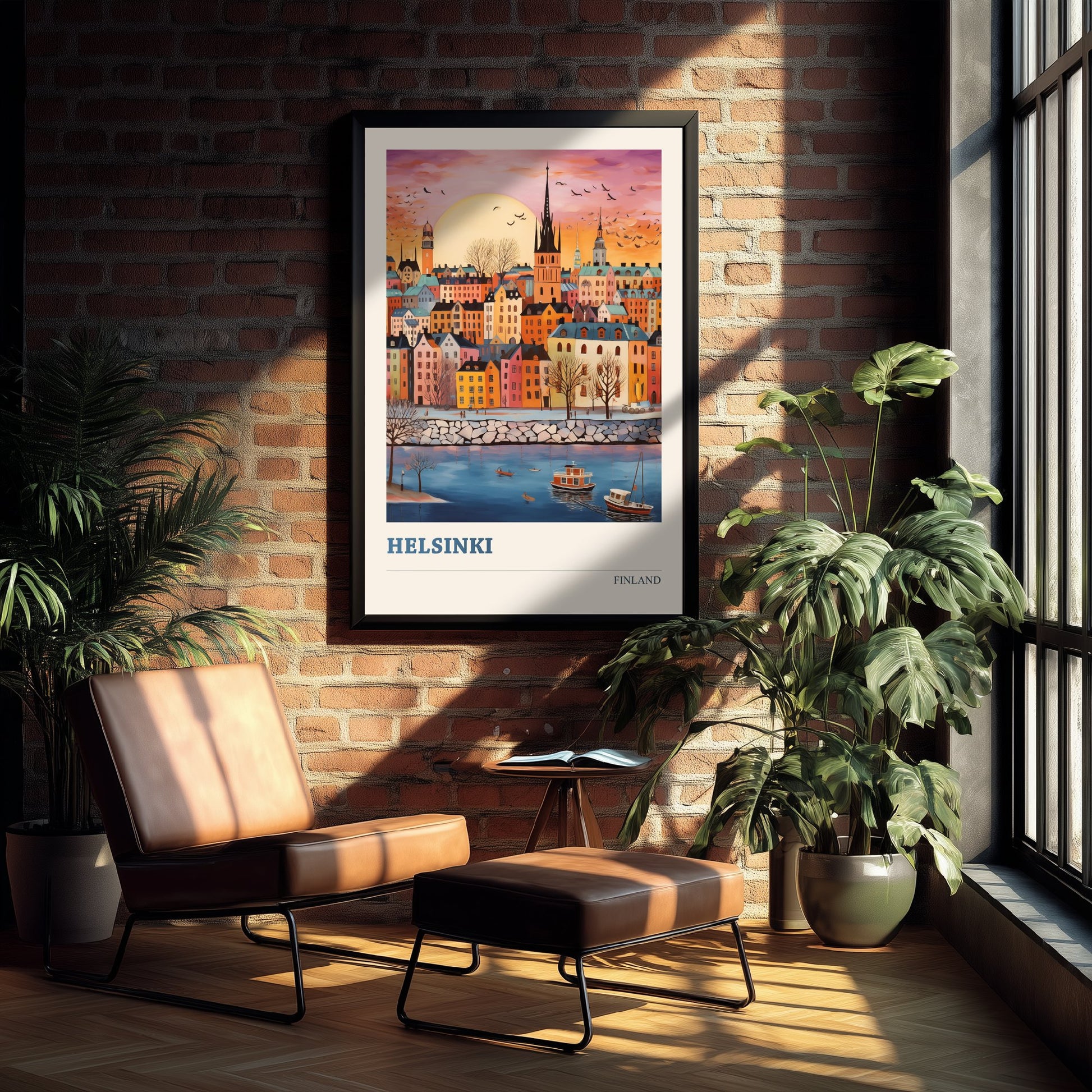 Helsinki Finland Travel Poster - Folk Art City Print - Naive Skyline Illustration - Pastel Harbour Sunset 2/3