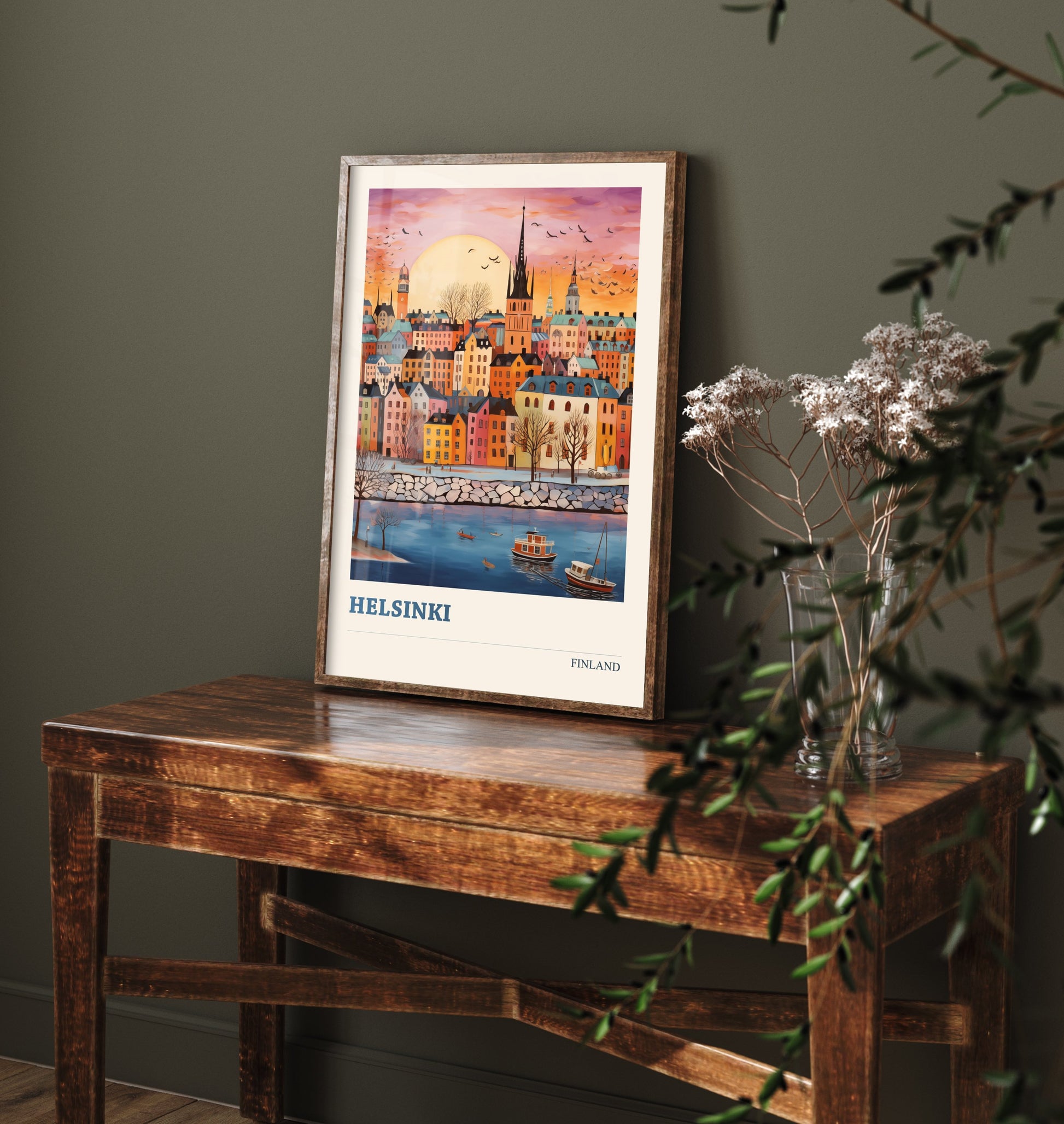Helsinki Finland Travel Poster - Folk Art City Print - Naive Skyline Illustration - Pastel Harbour Sunset 2/3