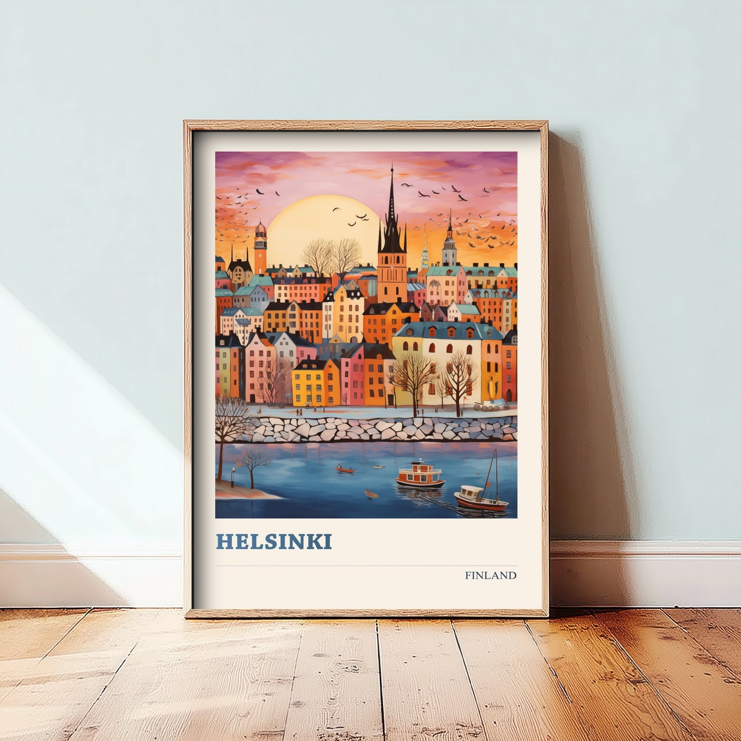 Helsinki Finland Travel Poster - Folk Art City Print - Naive Skyline Illustration - Pastel Harbour Sunset 2/3