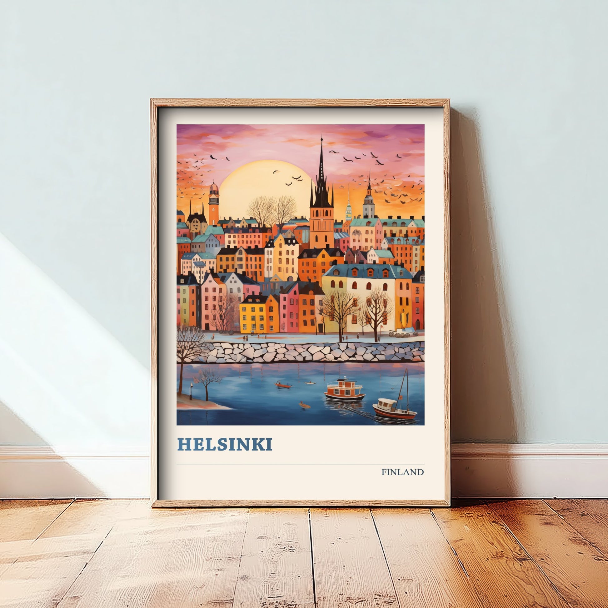 Helsinki Finland Travel Poster - Folk Art City Print - Naive Skyline Illustration - Pastel Harbour Sunset 2/3