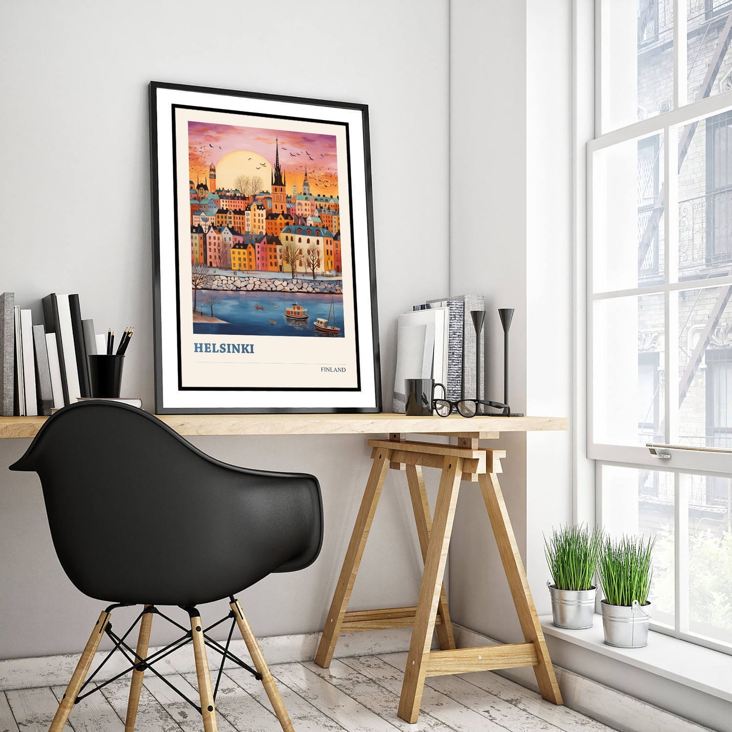Helsinki Finland Travel Poster - Folk Art City Print - Naive Skyline Illustration - Pastel Harbour Sunset 2/3