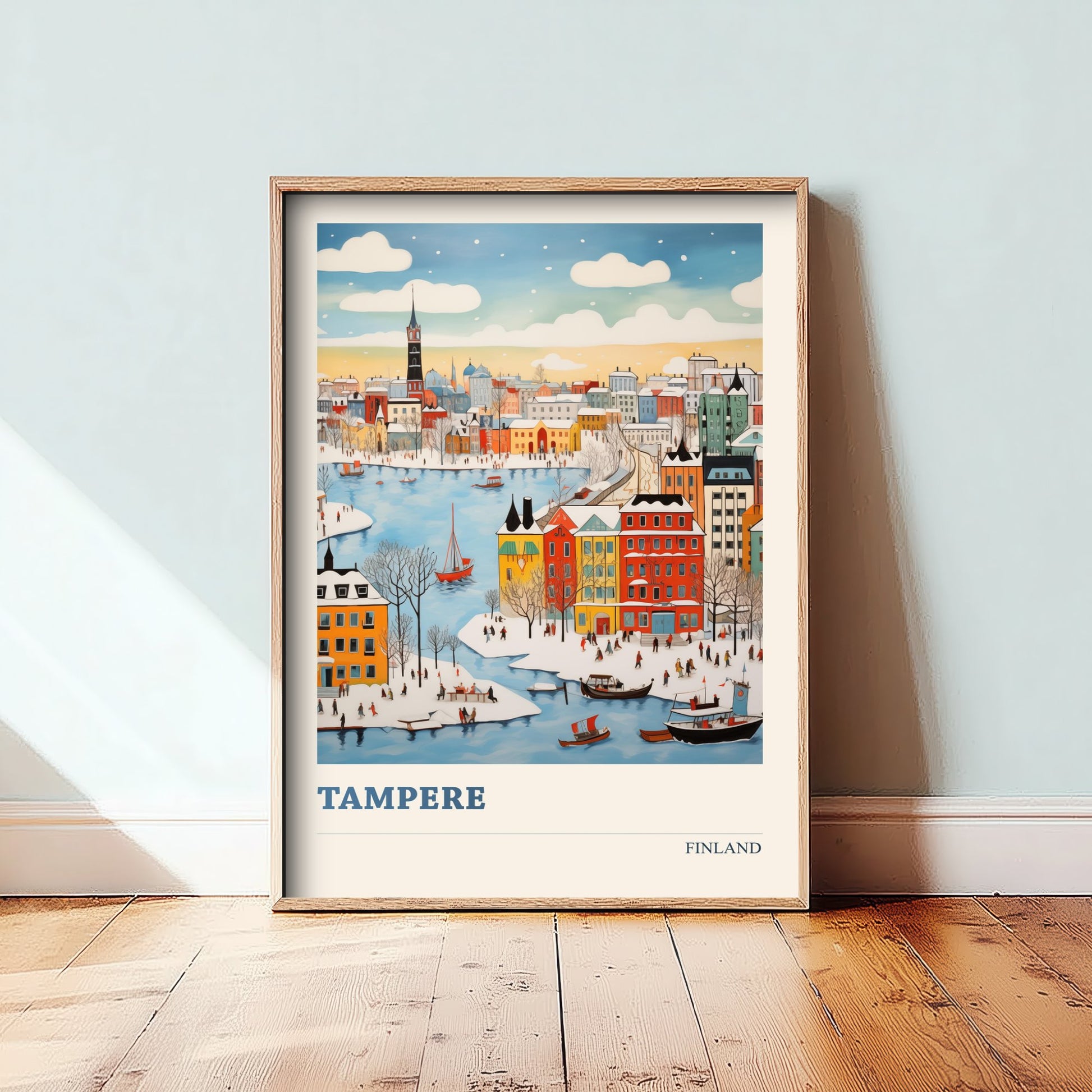 Tampere Finland Travel Poster - Folk Art City Print - Naive Winter Illustration - Snowy Harbour Town 3/3