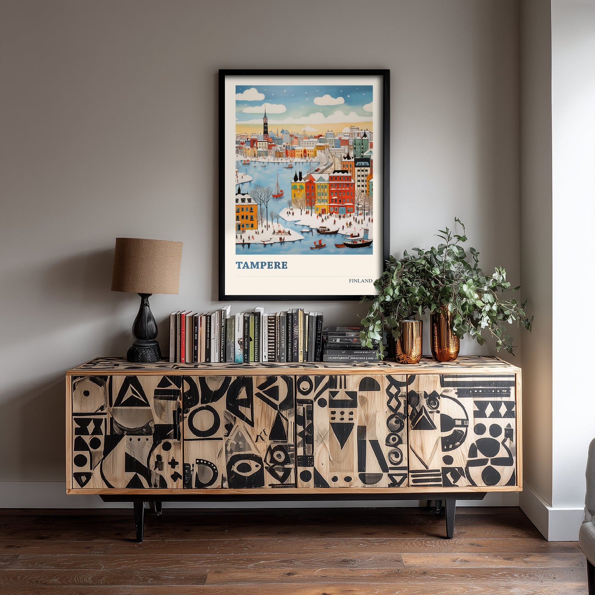 Tampere Finland Travel Poster - Folk Art City Print - Naive Winter Illustration - Snowy Harbour Town 3/3