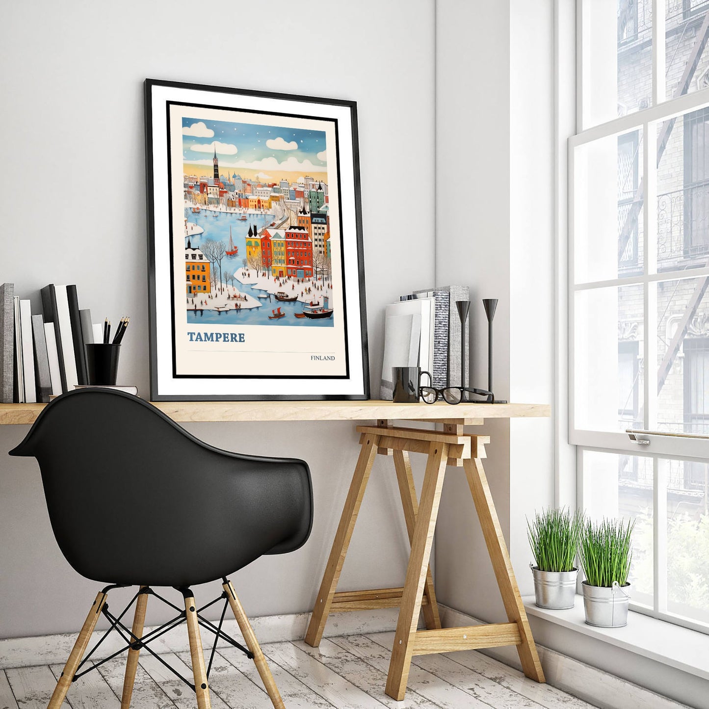 Tampere Finland Travel Poster - Folk Art City Print - Naive Winter Illustration - Snowy Harbour Town 3/3