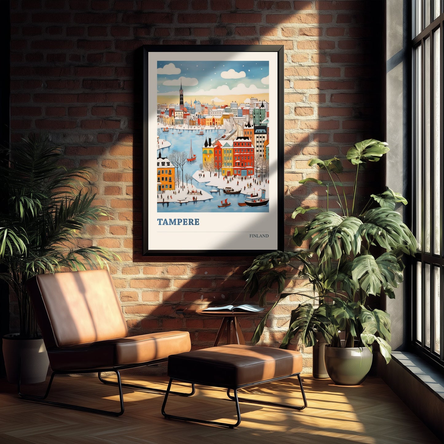 Tampere Finland Travel Poster - Folk Art City Print - Naive Winter Illustration - Snowy Harbour Town 3/3