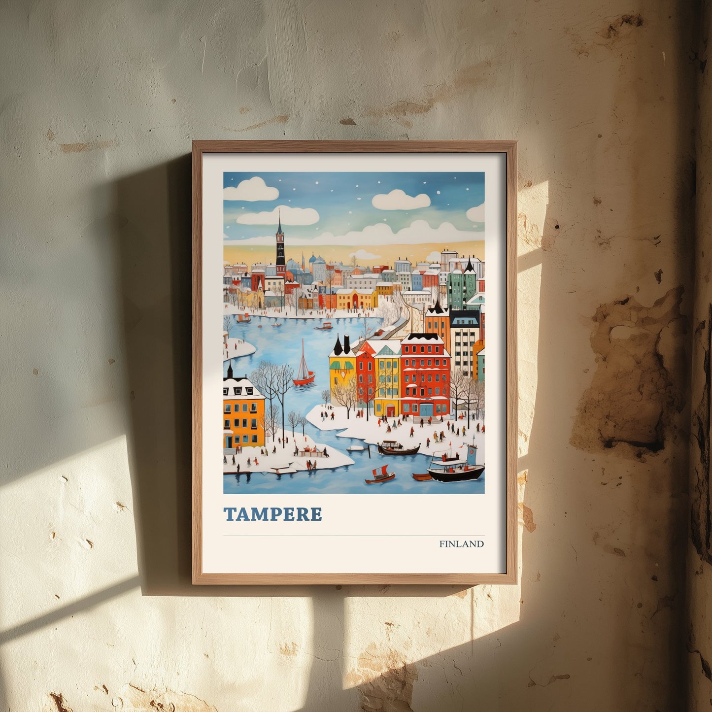 Tampere Finland Travel Poster - Folk Art City Print - Naive Winter Illustration - Snowy Harbour Town 3/3