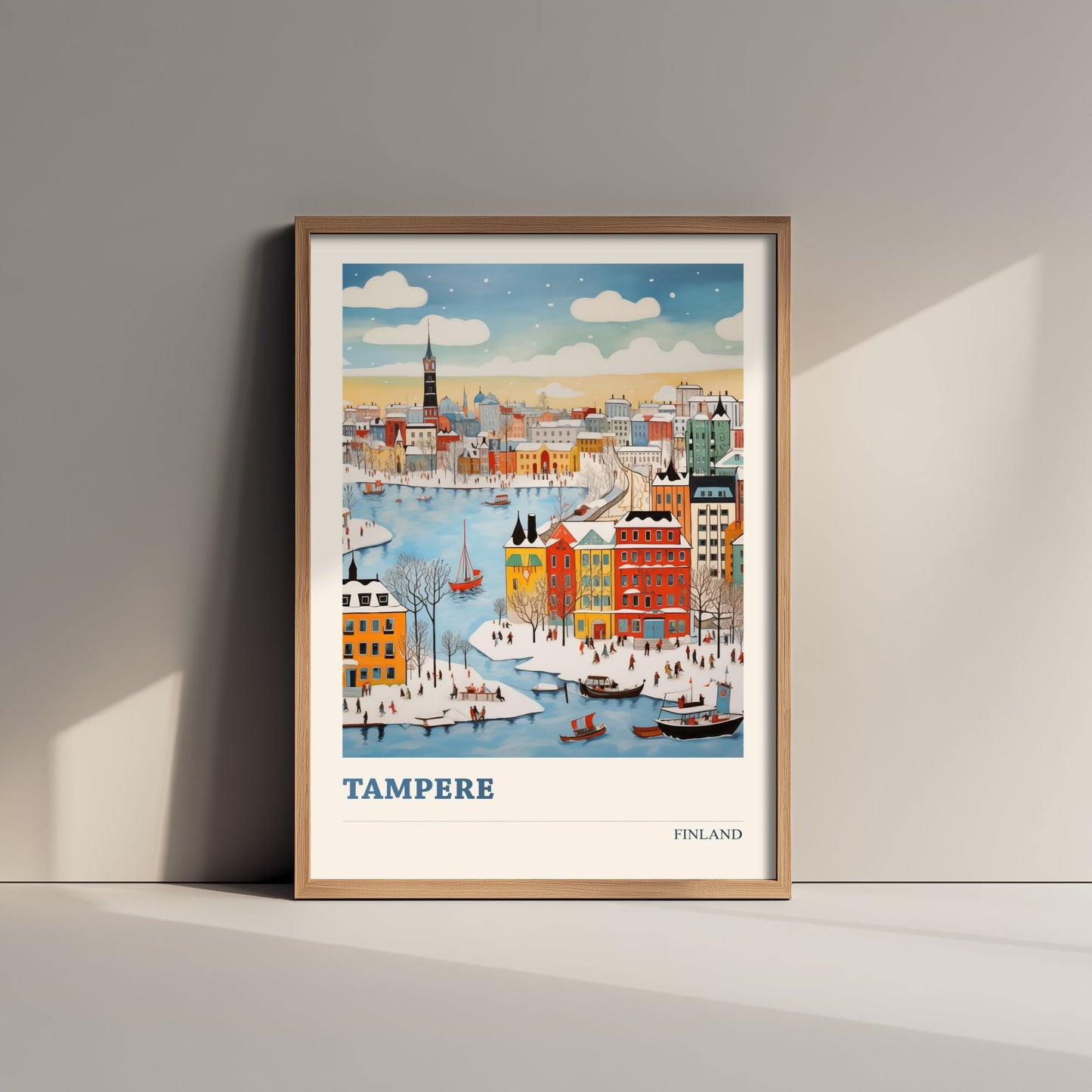 Tampere Finland Travel Poster - Folk Art City Print - Naive Winter Illustration - Snowy Harbour Town 3/3
