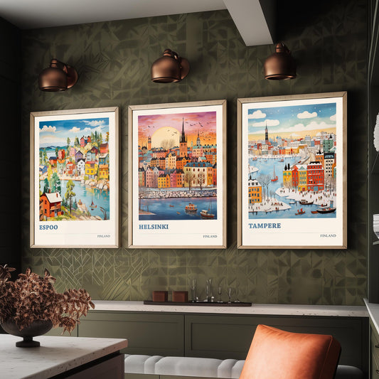 Finland Set of Three Prints | Espoo Helsinki Tampere | Vibrant Folk Art Travel City Wall Art Poster Painting