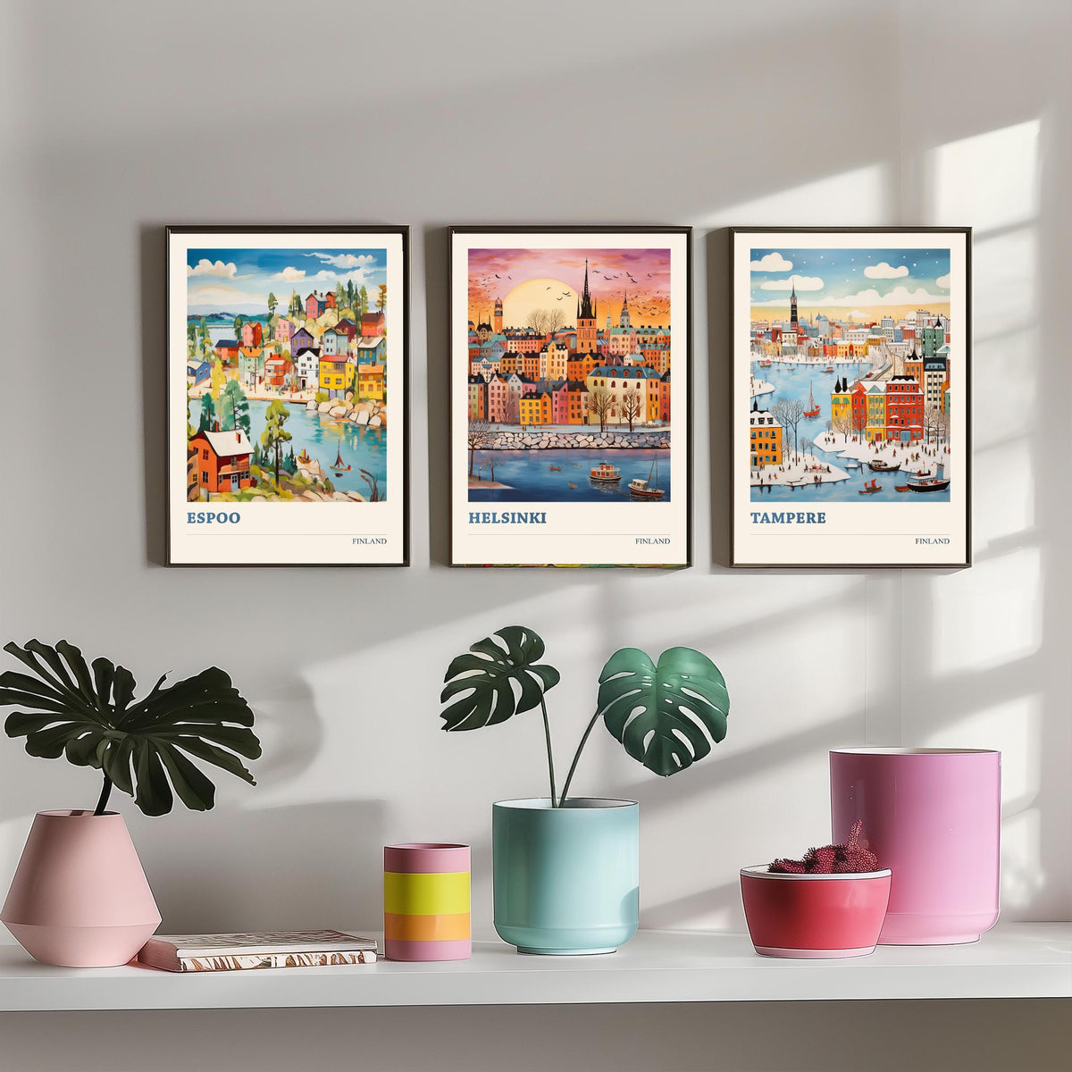Finland Set of Three Prints | Espoo Helsinki Tampere | Vibrant Folk Art Travel City Wall Art Poster Painting