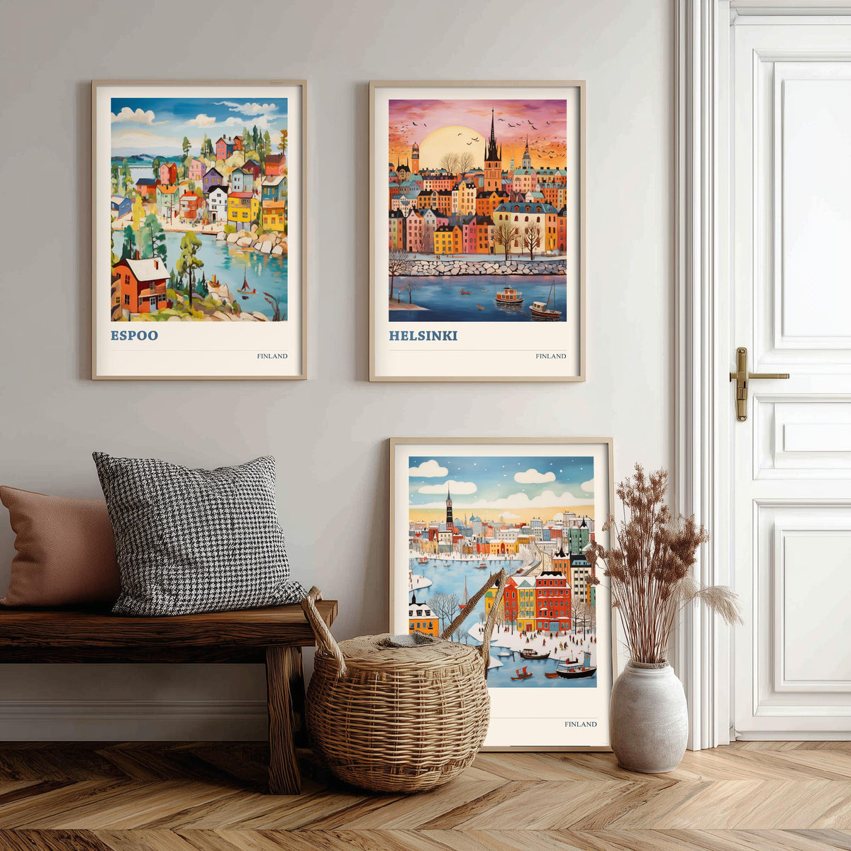 Finland Set of Three Prints | Espoo Helsinki Tampere | Vibrant Folk Art Travel City Wall Art Poster Painting