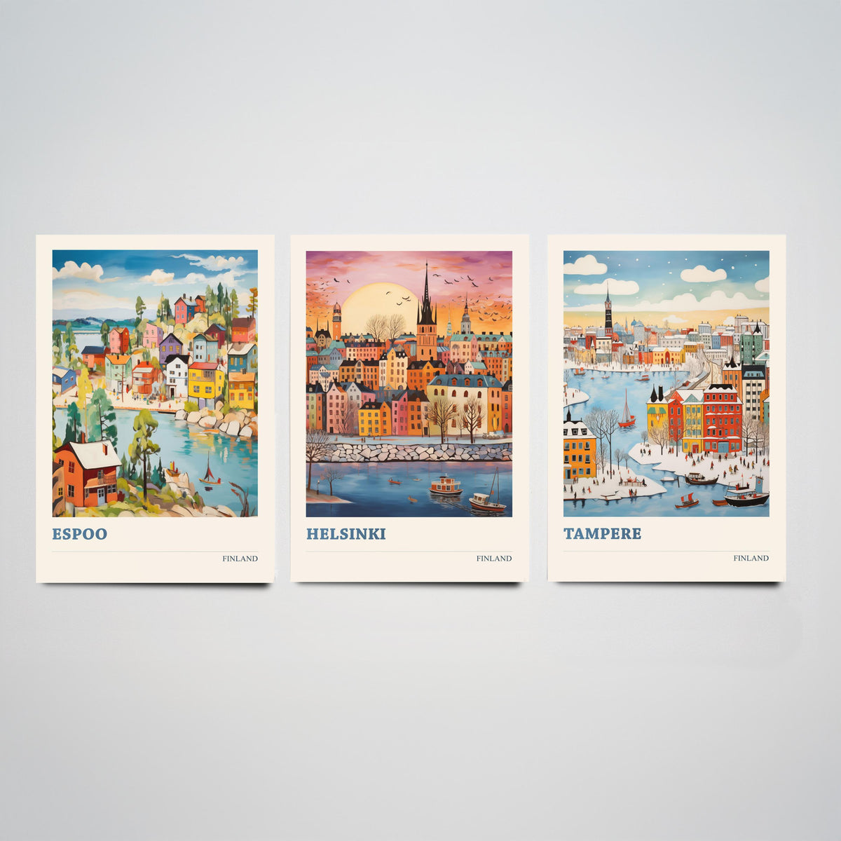 Finland Set of Three Prints | Espoo Helsinki Tampere | Vibrant Folk Art Travel City Wall Art Poster Painting