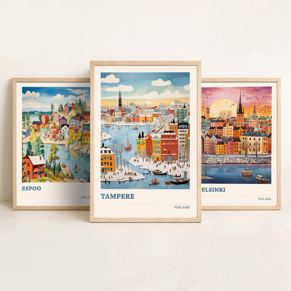 Finland Set of Three Prints | Espoo Helsinki Tampere | Vibrant Folk Art Travel City Wall Art Poster Painting