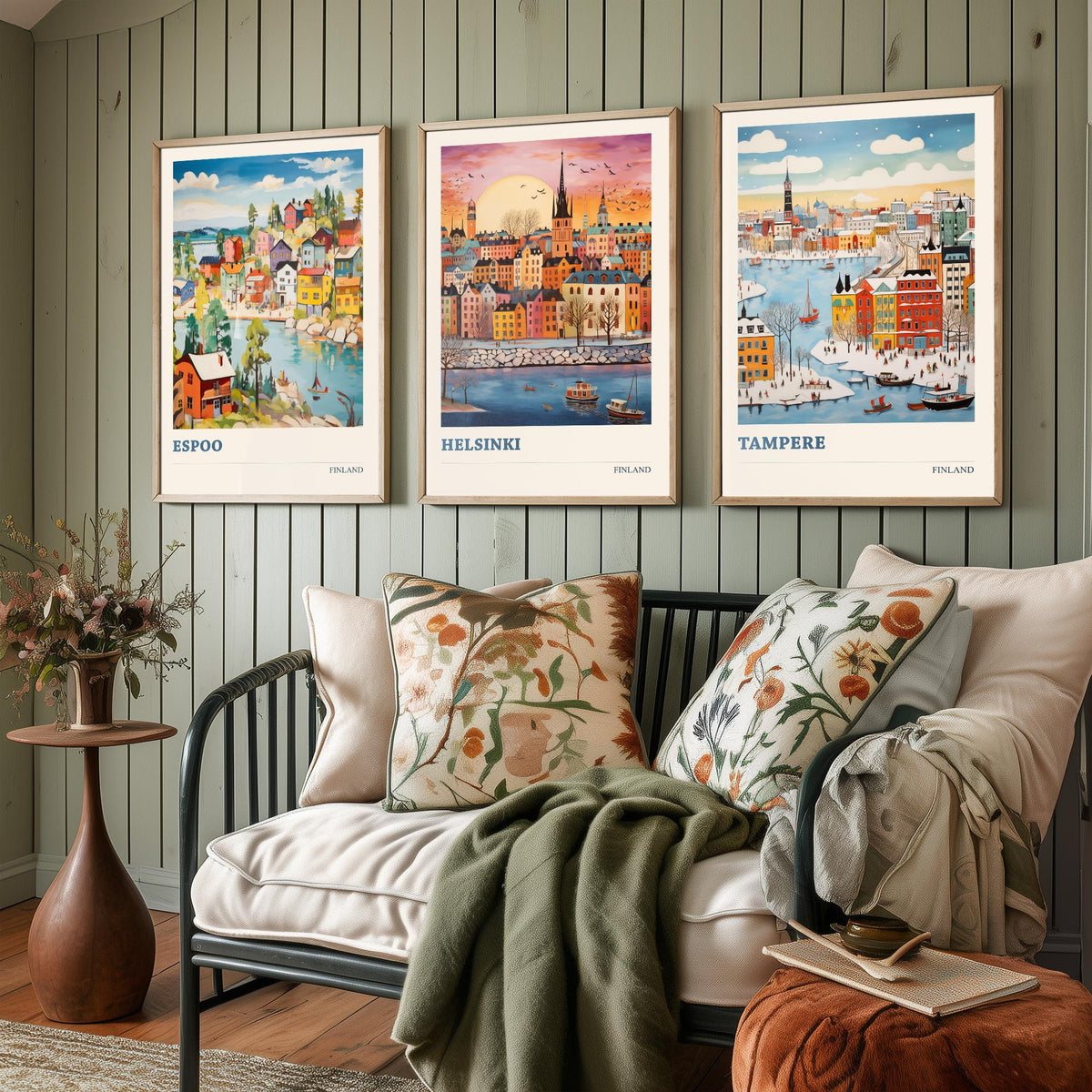 Finland Set of Three Prints | Espoo Helsinki Tampere | Vibrant Folk Art Travel City Wall Art Poster Painting