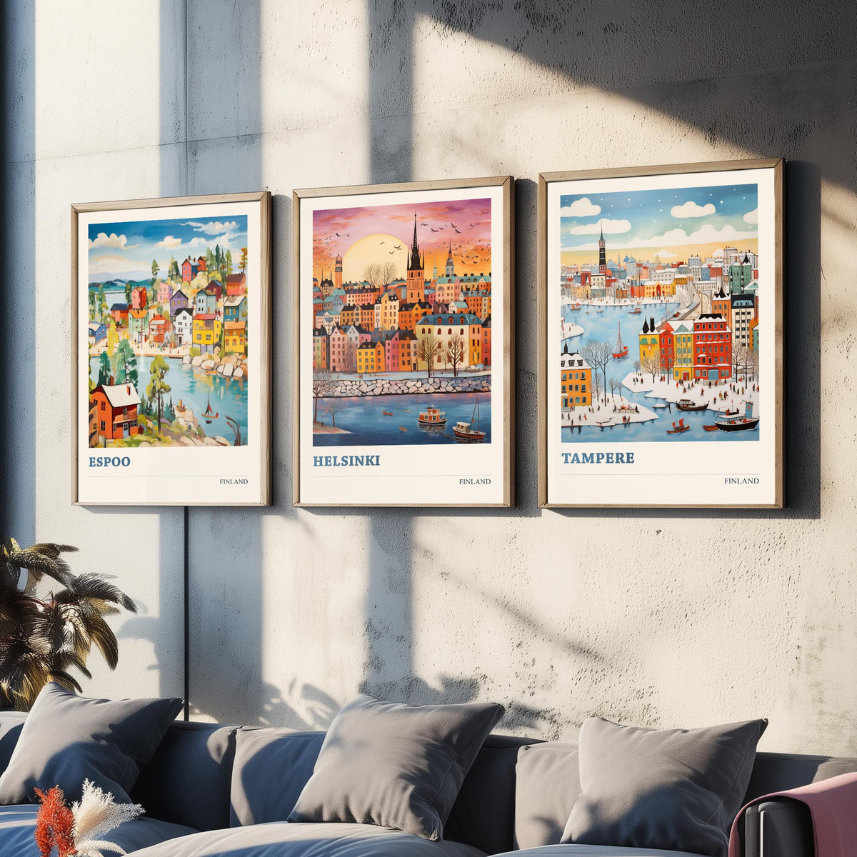 Finland Set of Three Prints | Espoo Helsinki Tampere | Vibrant Folk Art Travel City Wall Art Poster Painting