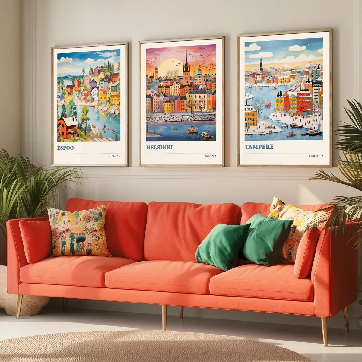 Finland Set of Three Prints | Espoo Helsinki Tampere | Vibrant Folk Art Travel City Wall Art Poster Painting