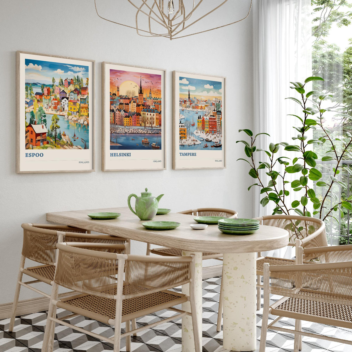 Finland Set of Three Prints | Espoo Helsinki Tampere | Vibrant Folk Art Travel City Wall Art Poster Painting