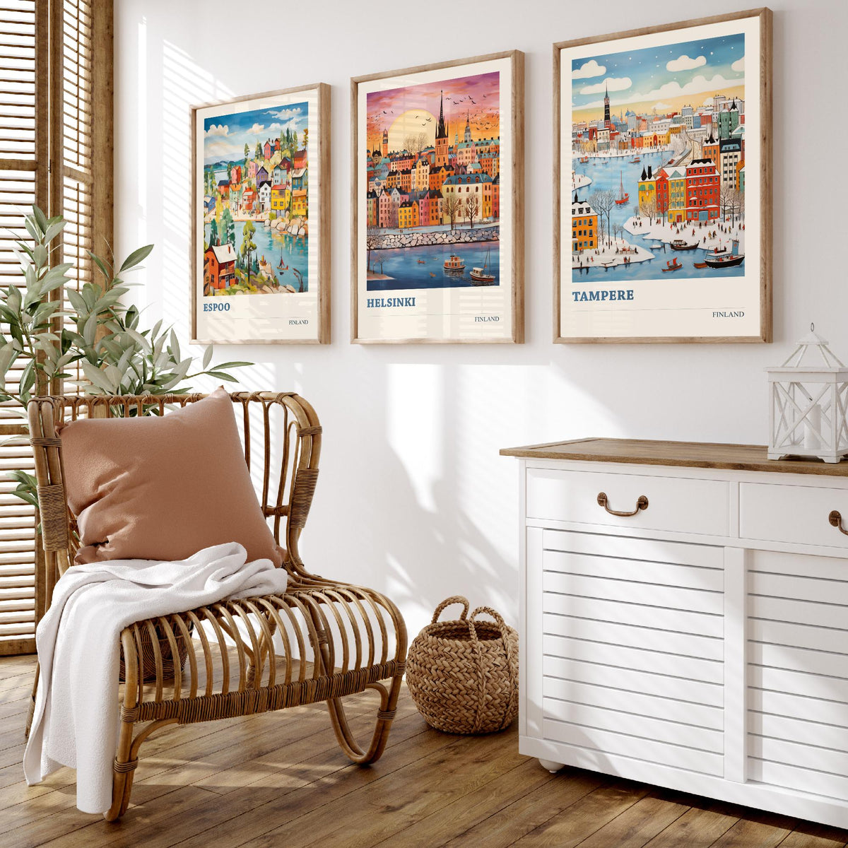 Finland Set of Three Prints | Espoo Helsinki Tampere | Vibrant Folk Art Travel City Wall Art Poster Painting