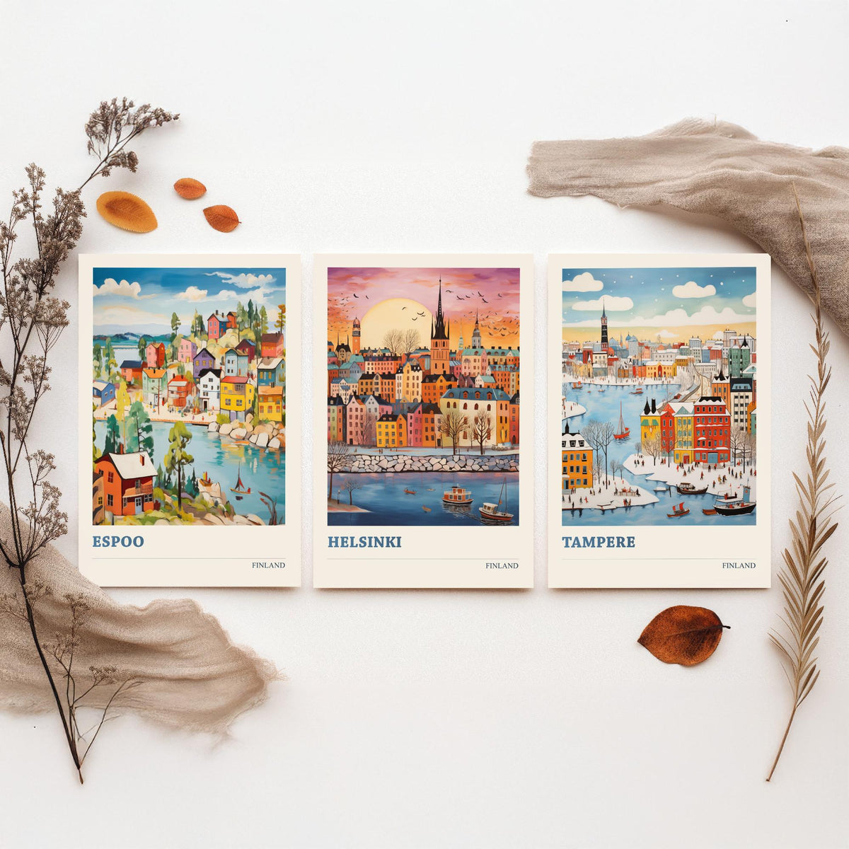 Finland Set of Three Prints | Espoo Helsinki Tampere | Vibrant Folk Art Travel City Wall Art Poster Painting
