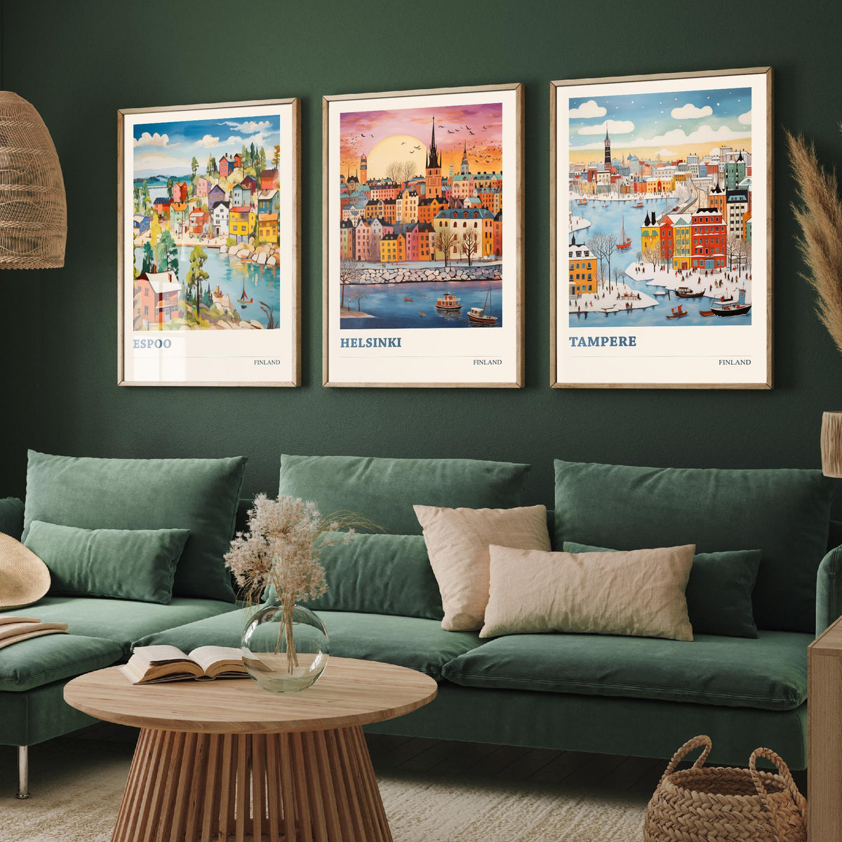 Finland Set of Three Prints | Espoo Helsinki Tampere | Vibrant Folk Art Travel City Wall Art Poster Painting
