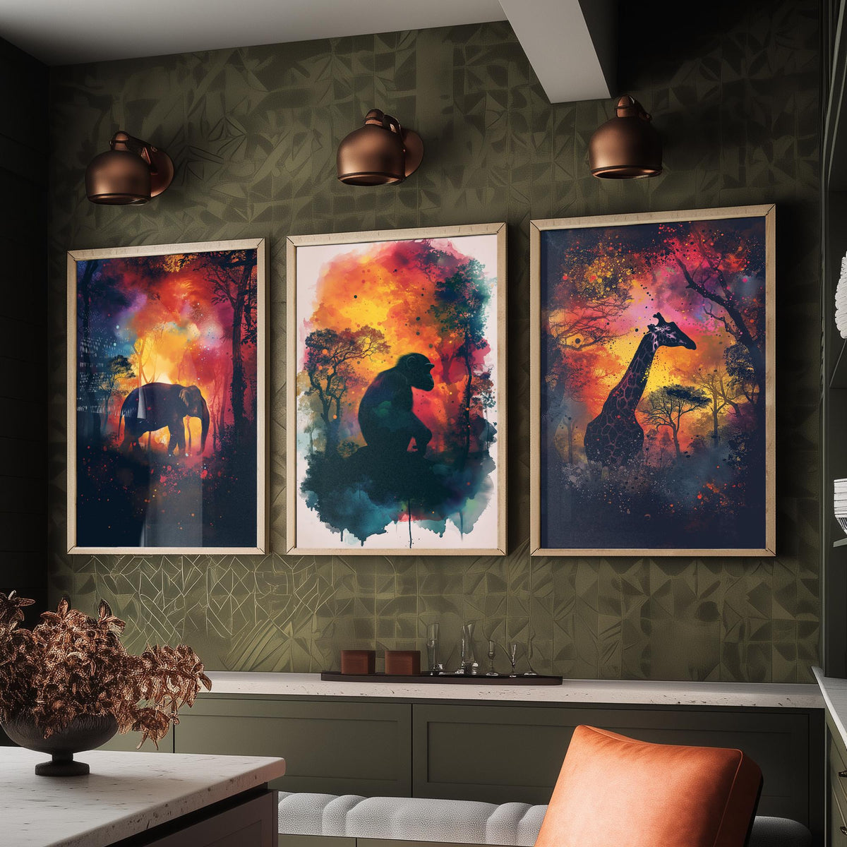 Jungle Animals Set of Three Art Prints - 3 Elephant Monkey Giraffe Posters - Fiery Watercolour Silhouette Wall Art Gift Safari