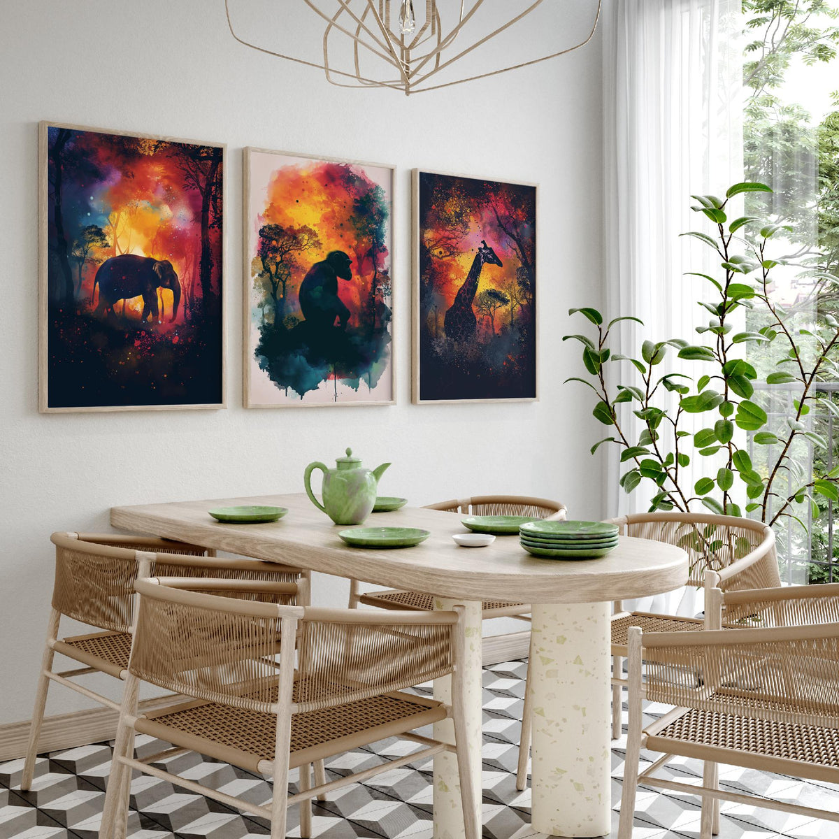 Jungle Animals Set of Three Art Prints - 3 Elephant Monkey Giraffe Posters - Fiery Watercolour Silhouette Wall Art Gift Safari
