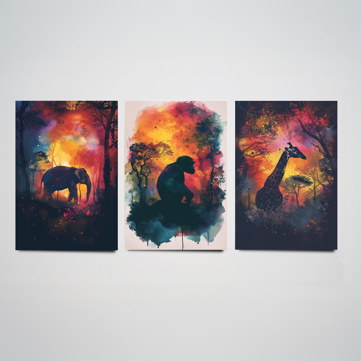Jungle Animals Set of Three Art Prints - 3 Elephant Monkey Giraffe Posters - Fiery Watercolour Silhouette Wall Art Gift Safari