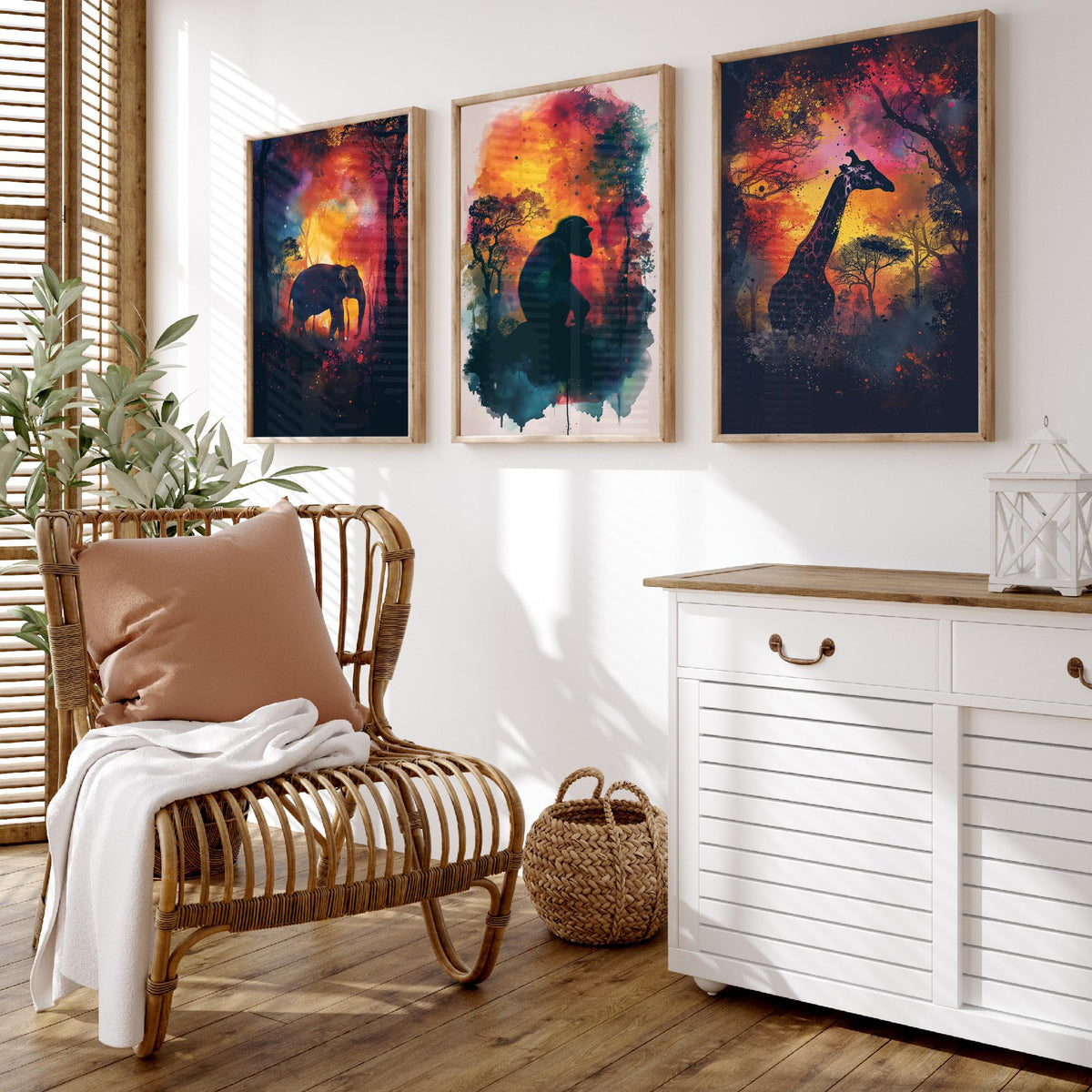 Jungle Animals Set of Three Art Prints - 3 Elephant Monkey Giraffe Posters - Fiery Watercolour Silhouette Wall Art Gift Safari