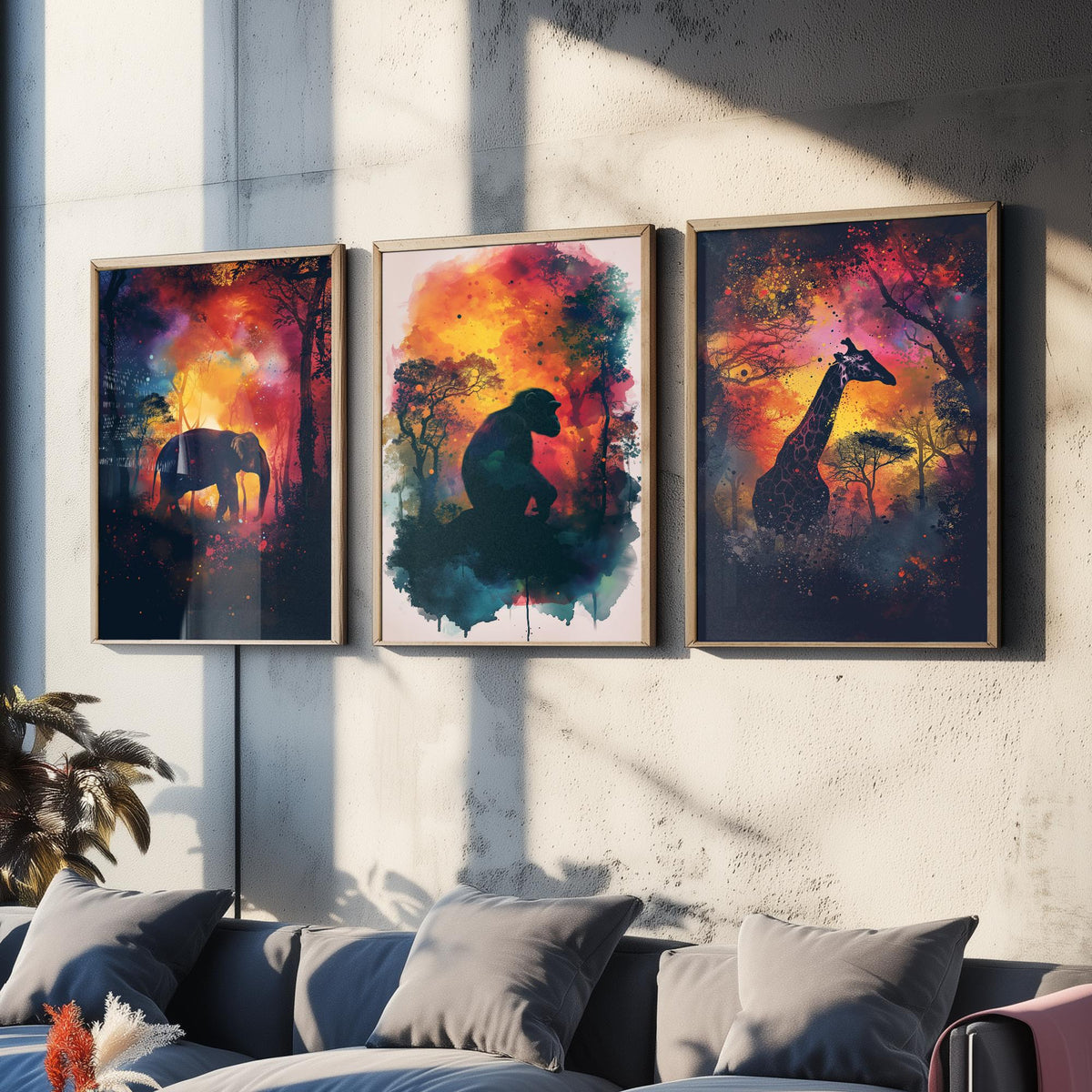 Jungle Animals Set of Three Art Prints - 3 Elephant Monkey Giraffe Posters - Fiery Watercolour Silhouette Wall Art Gift Safari