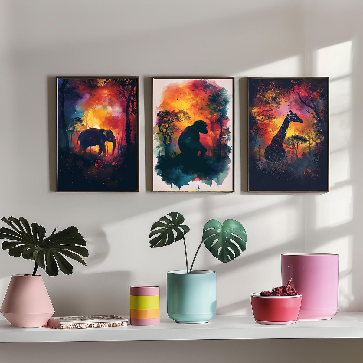 Jungle Animals Set of Three Art Prints - 3 Elephant Monkey Giraffe Posters - Fiery Watercolour Silhouette Wall Art Gift Safari