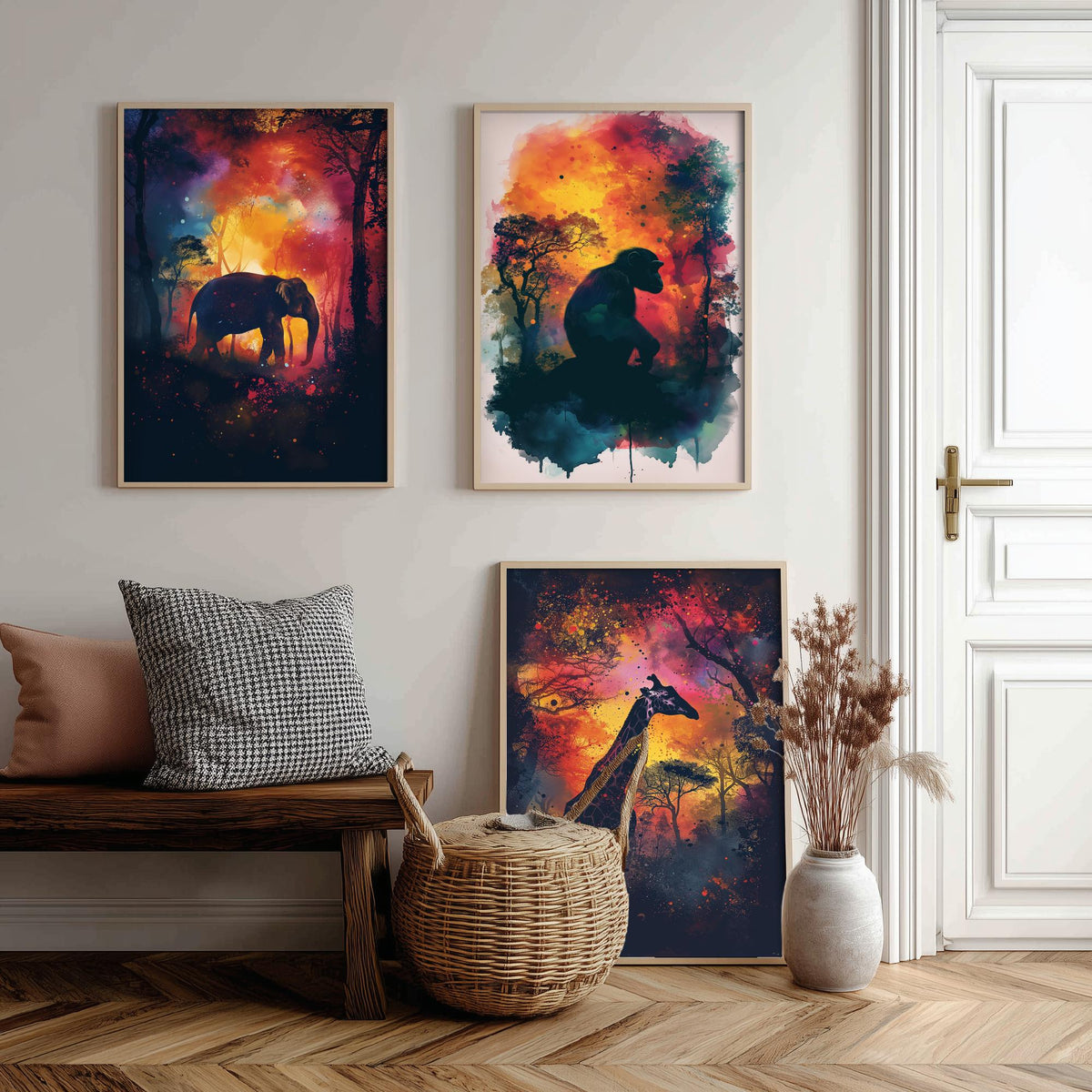 Jungle Animals Set of Three Art Prints - 3 Elephant Monkey Giraffe Posters - Fiery Watercolour Silhouette Wall Art Gift Safari