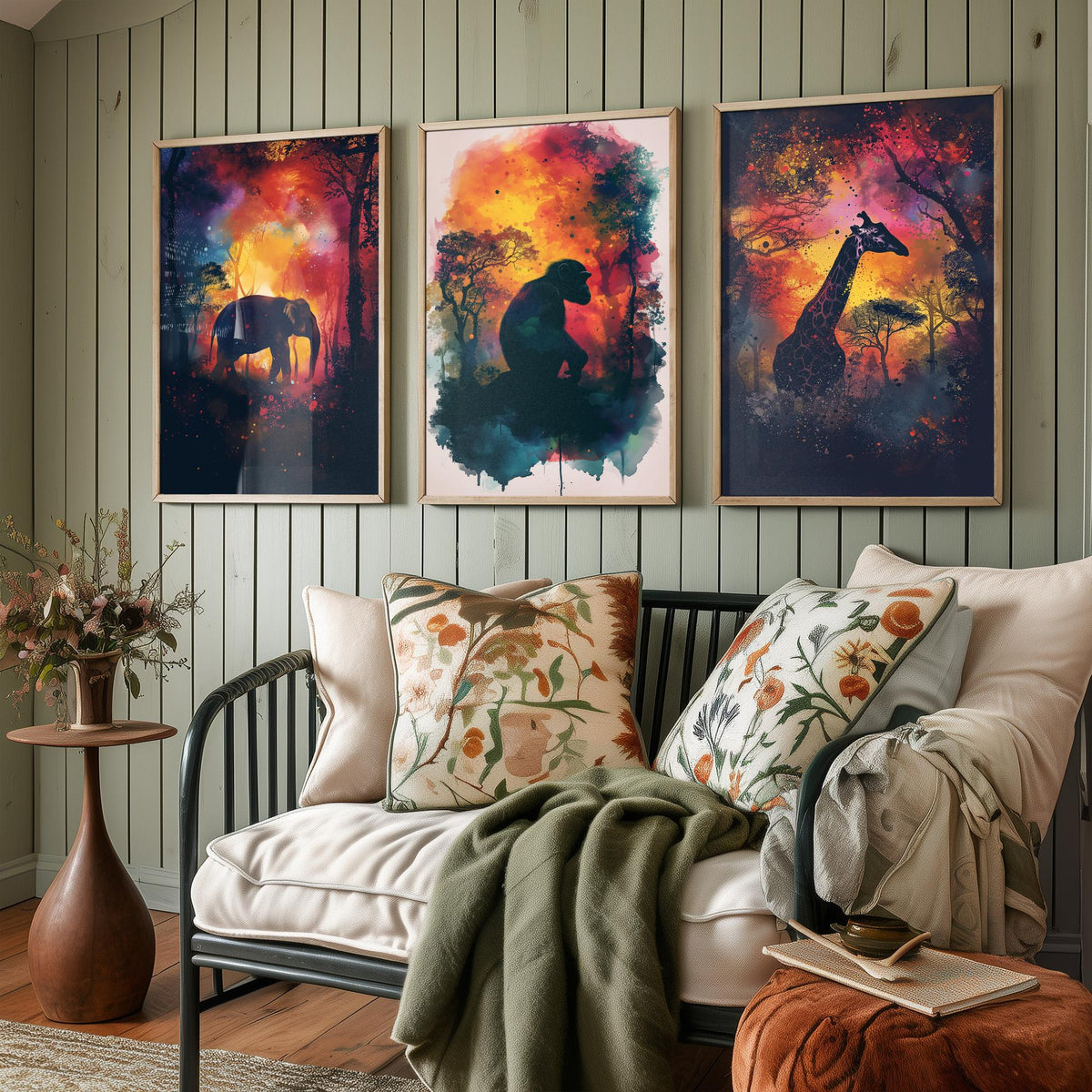 Jungle Animals Set of Three Art Prints - 3 Elephant Monkey Giraffe Posters - Fiery Watercolour Silhouette Wall Art Gift Safari