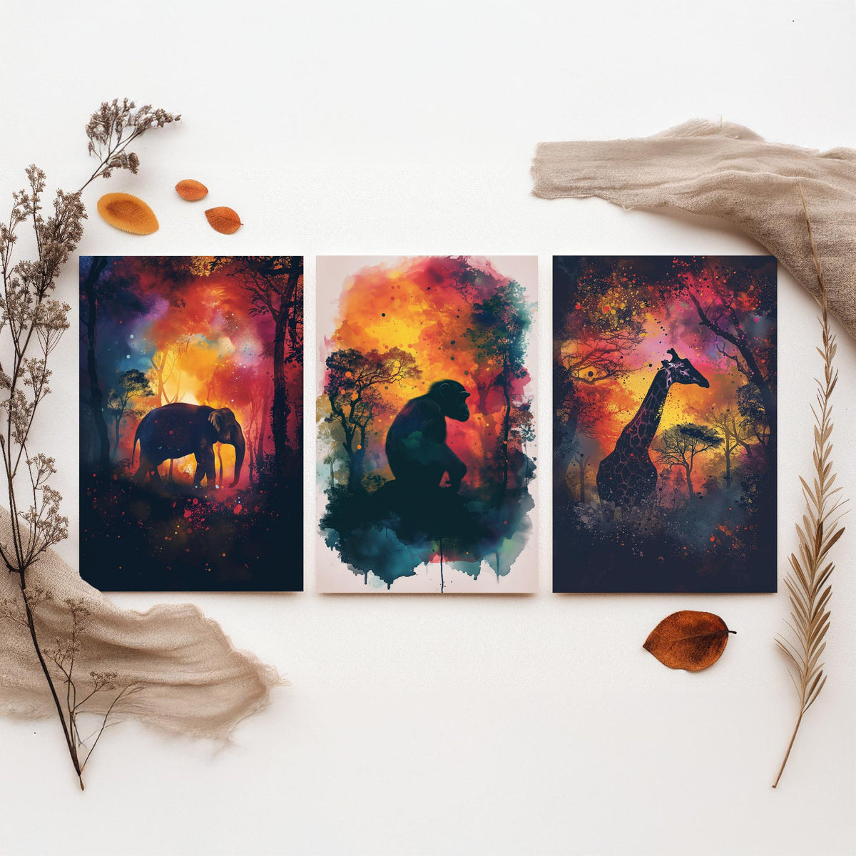 Jungle Animals Set of Three Art Prints - 3 Elephant Monkey Giraffe Posters - Fiery Watercolour Silhouette Wall Art Gift Safari