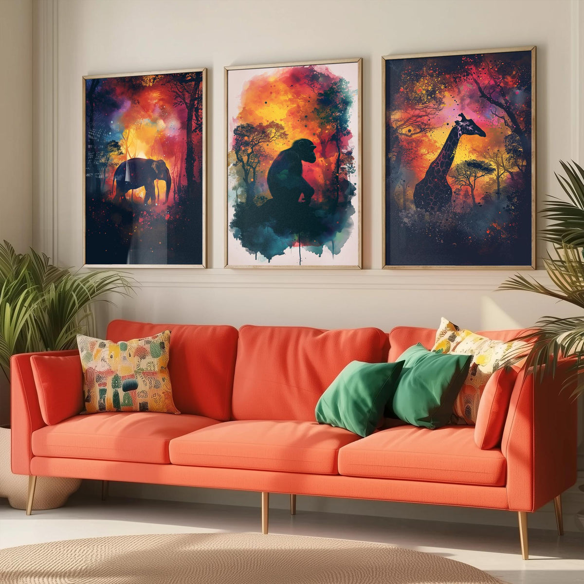Jungle Animals Set of Three Art Prints - 3 Elephant Monkey Giraffe Posters - Fiery Watercolour Silhouette Wall Art Gift Safari