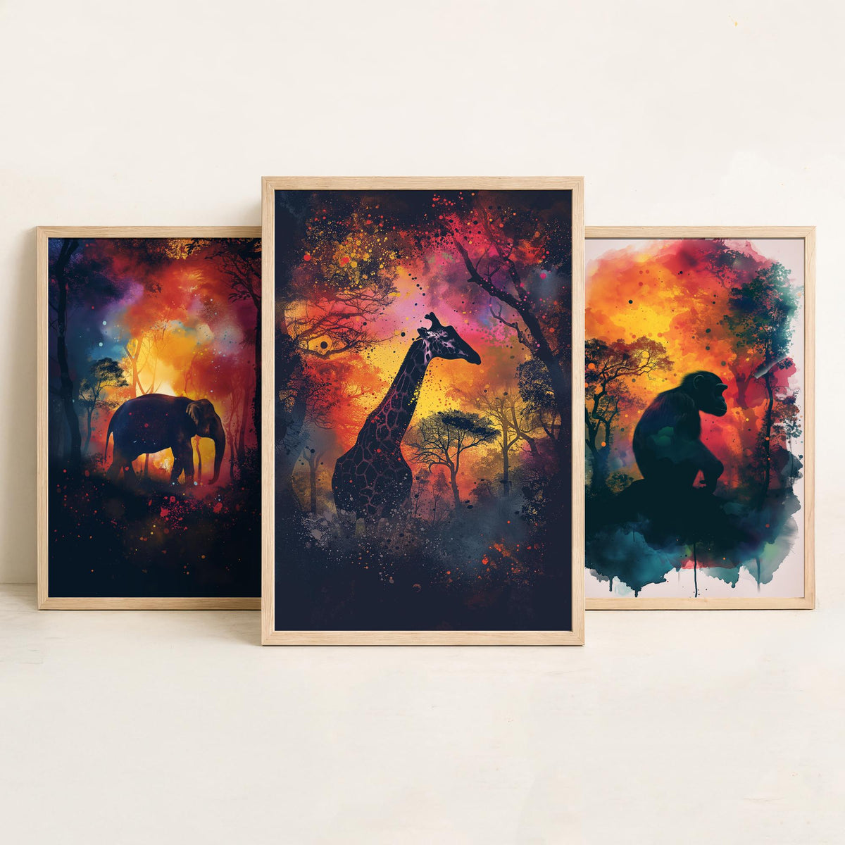Jungle Animals Set of Three Art Prints - 3 Elephant Monkey Giraffe Posters - Fiery Watercolour Silhouette Wall Art Gift Safari