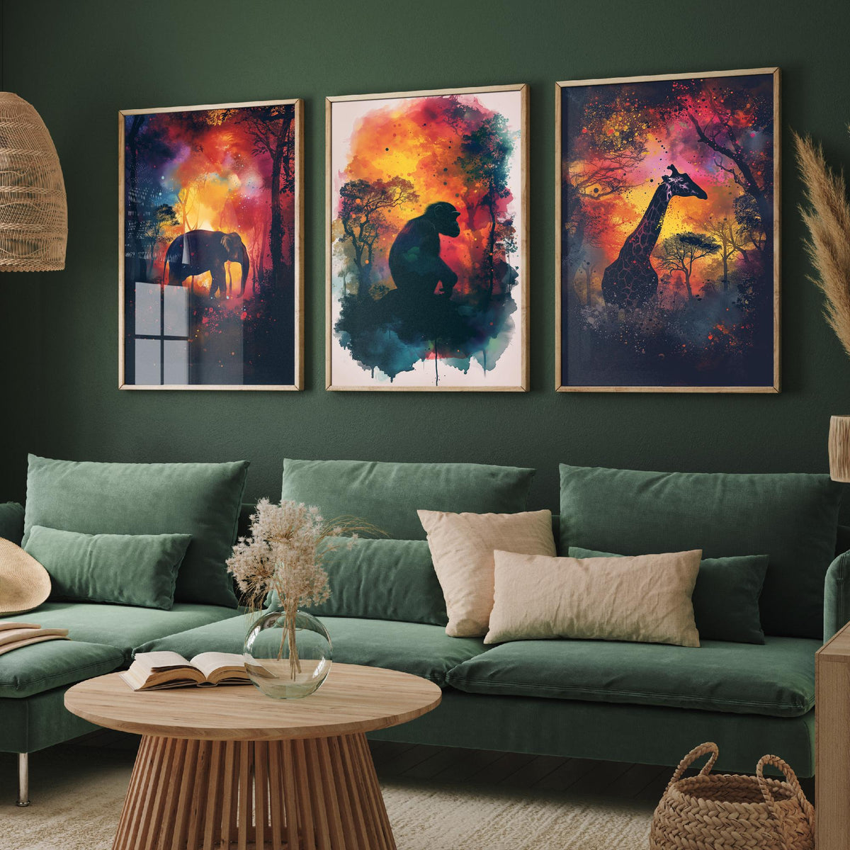 Jungle Animals Set of Three Art Prints - 3 Elephant Monkey Giraffe Posters - Fiery Watercolour Silhouette Wall Art Gift Safari