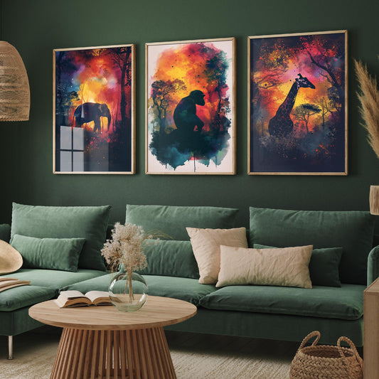 Jungle Animals Set of Three Art Prints - 3 Elephant Monkey Giraffe Posters - Fiery Watercolour Silhouette Wall Art Gift Safari