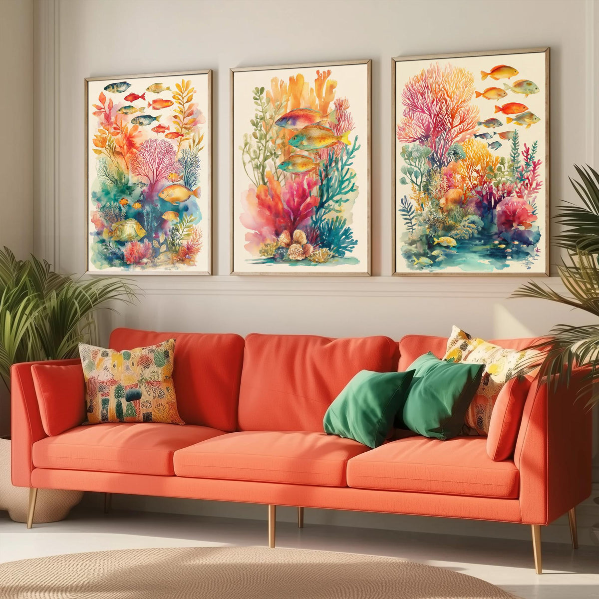 Fish and Coral Set of Three Art Prints - 3 Reef Watercolour Posters - Tropical Ocean Wall Art Gift Watercolour Beach