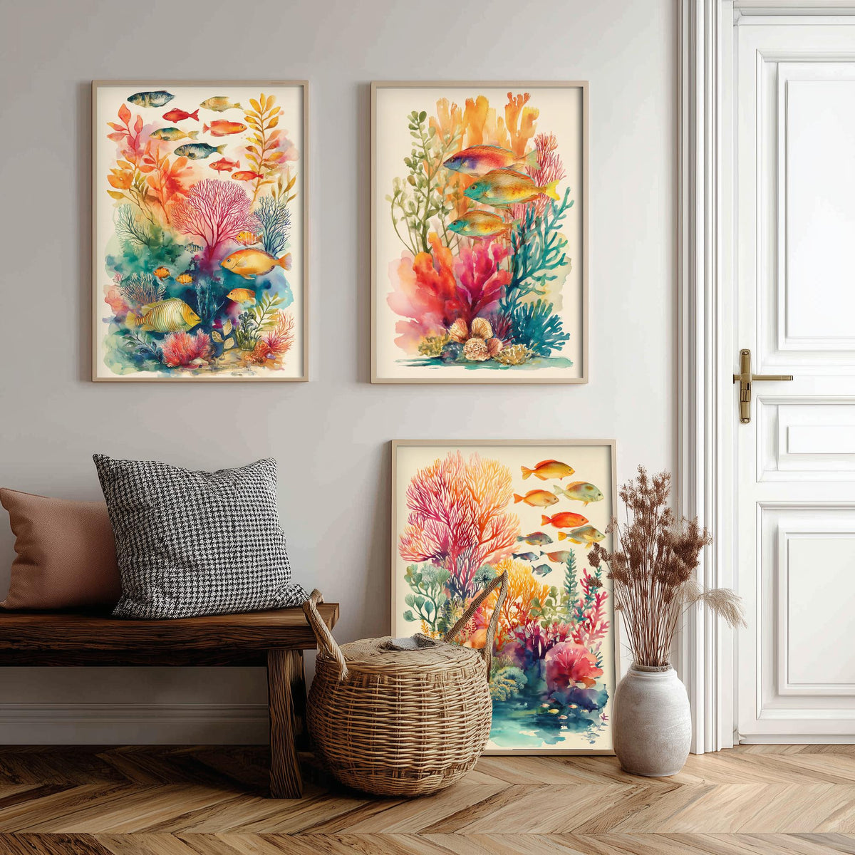 Fish and Coral Set of Three Art Prints - 3 Reef Watercolour Posters - Tropical Ocean Wall Art Gift Watercolour Beach