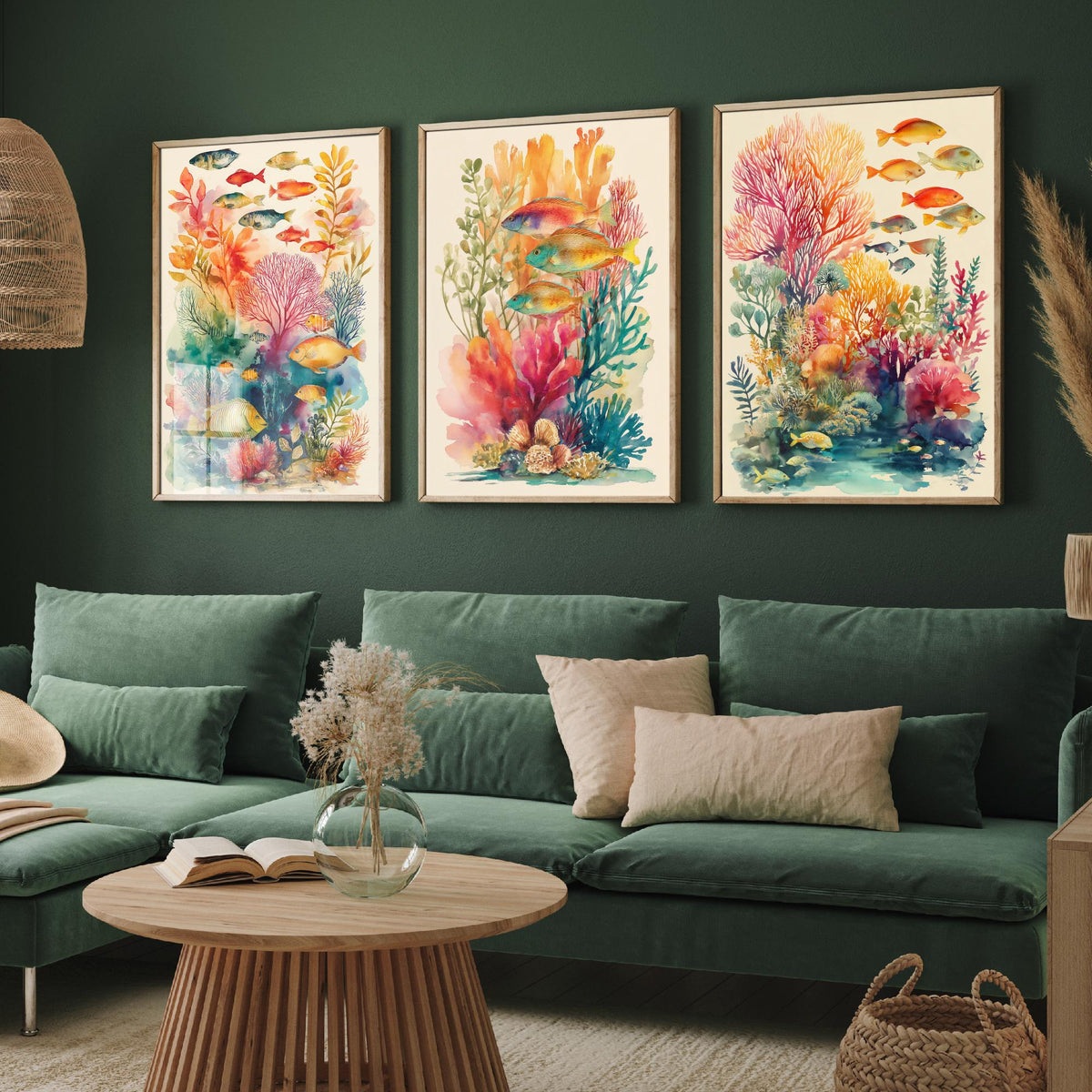 Fish and Coral Set of Three Art Prints - 3 Reef Watercolour Posters - Tropical Ocean Wall Art Gift Watercolour Beach