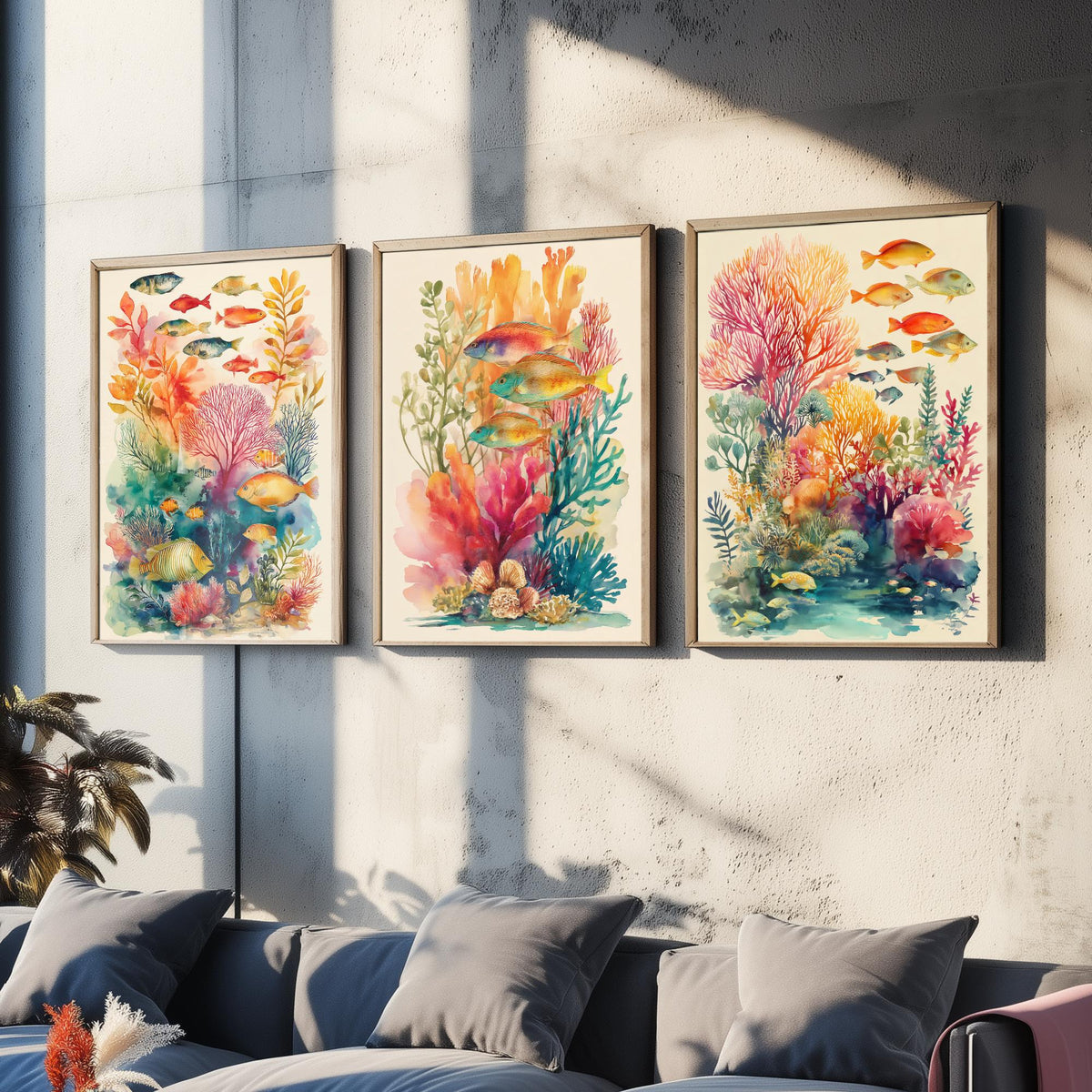 Fish and Coral Set of Three Art Prints - 3 Reef Watercolour Posters - Tropical Ocean Wall Art Gift Watercolour Beach