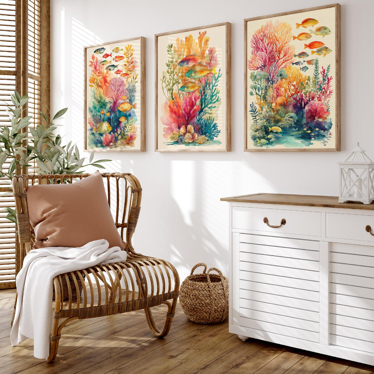 Fish and Coral Set of Three Art Prints - 3 Reef Watercolour Posters - Tropical Ocean Wall Art Gift Watercolour Beach