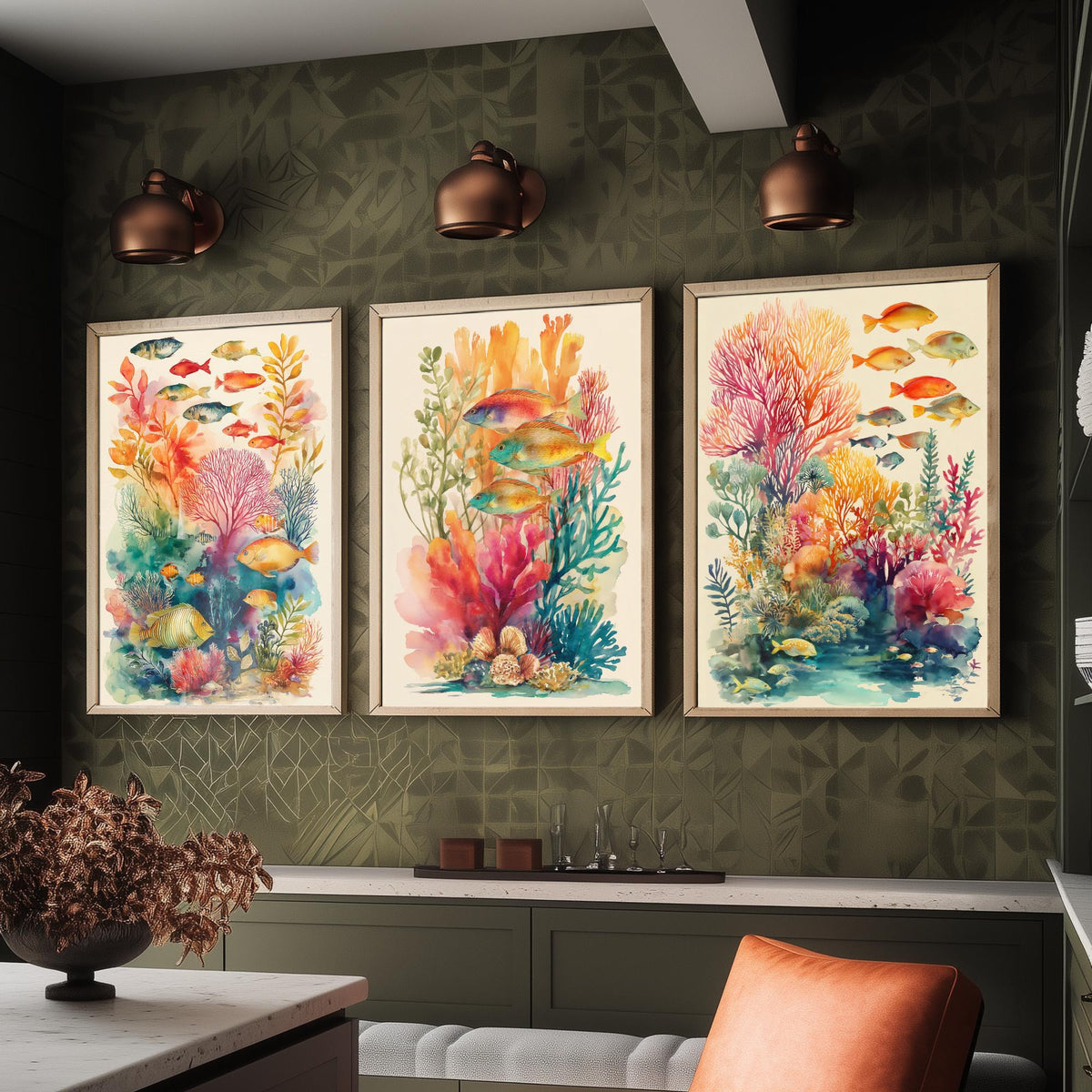 Fish and Coral Set of Three Art Prints - 3 Reef Watercolour Posters - Tropical Ocean Wall Art Gift Watercolour Beach